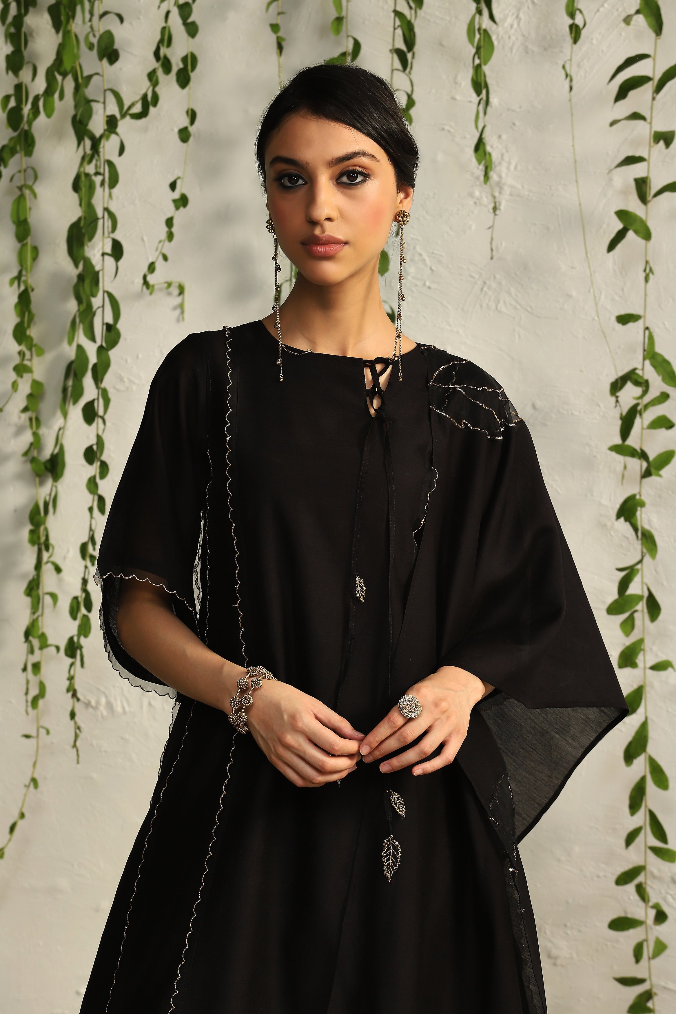 CY Charkhee Black Chanderi Tie-Up Kurta Closeup 1