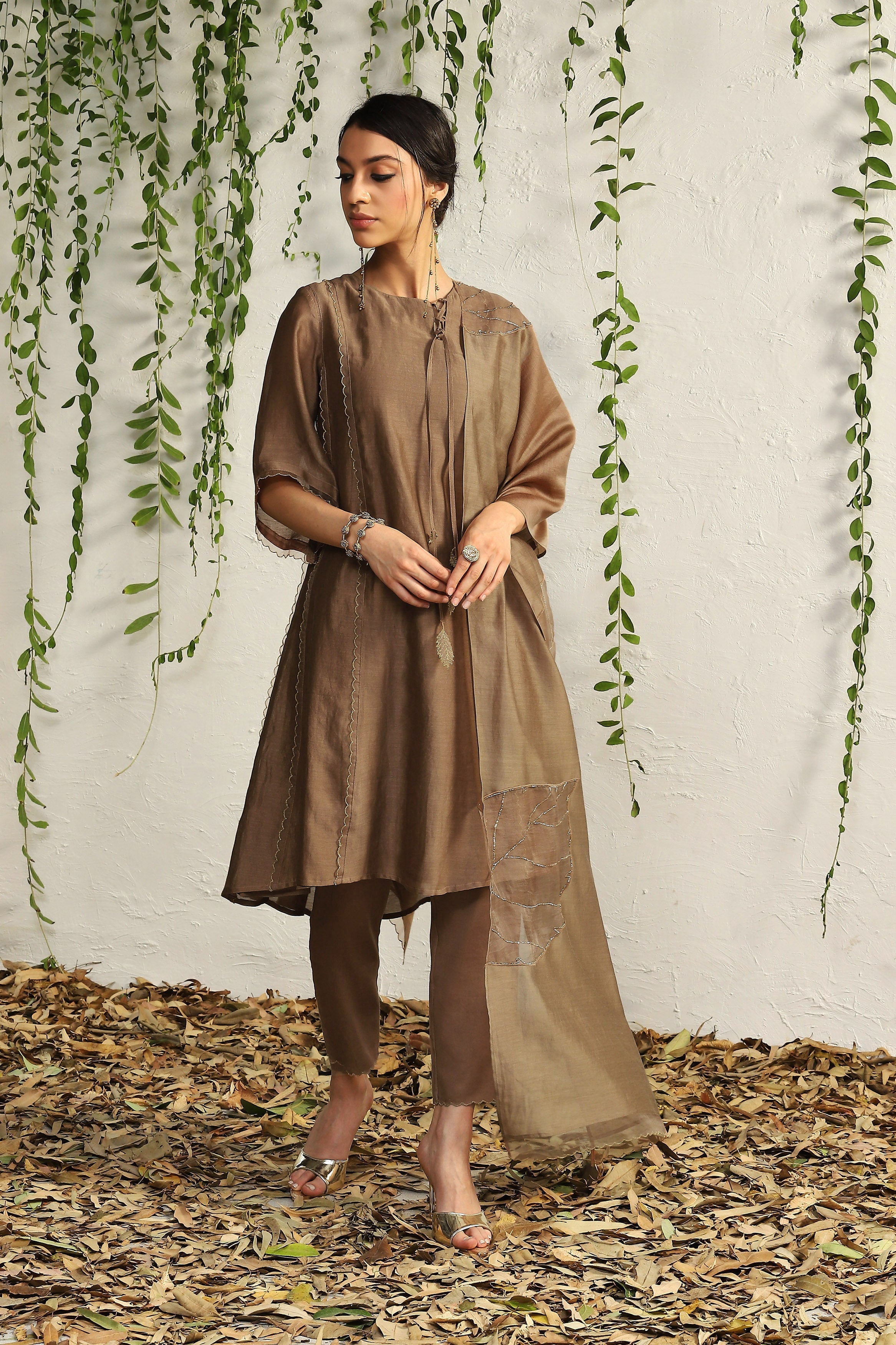 CY Charkhee Ginger Chanderi Tie-Up Kurta Front 2