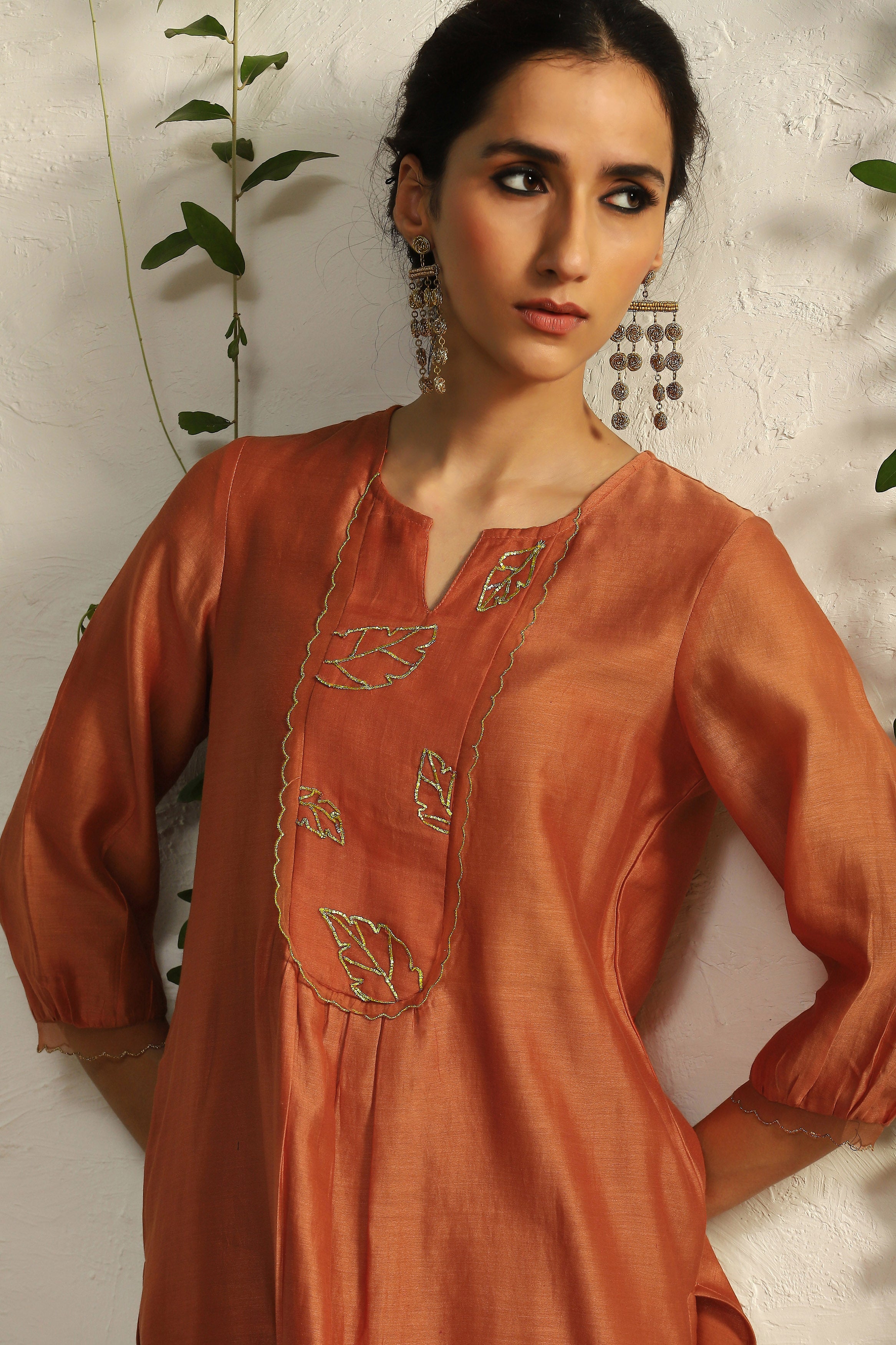 CY Charkhee Spice Orange Chanderi Flowy Kurta Closeup 1