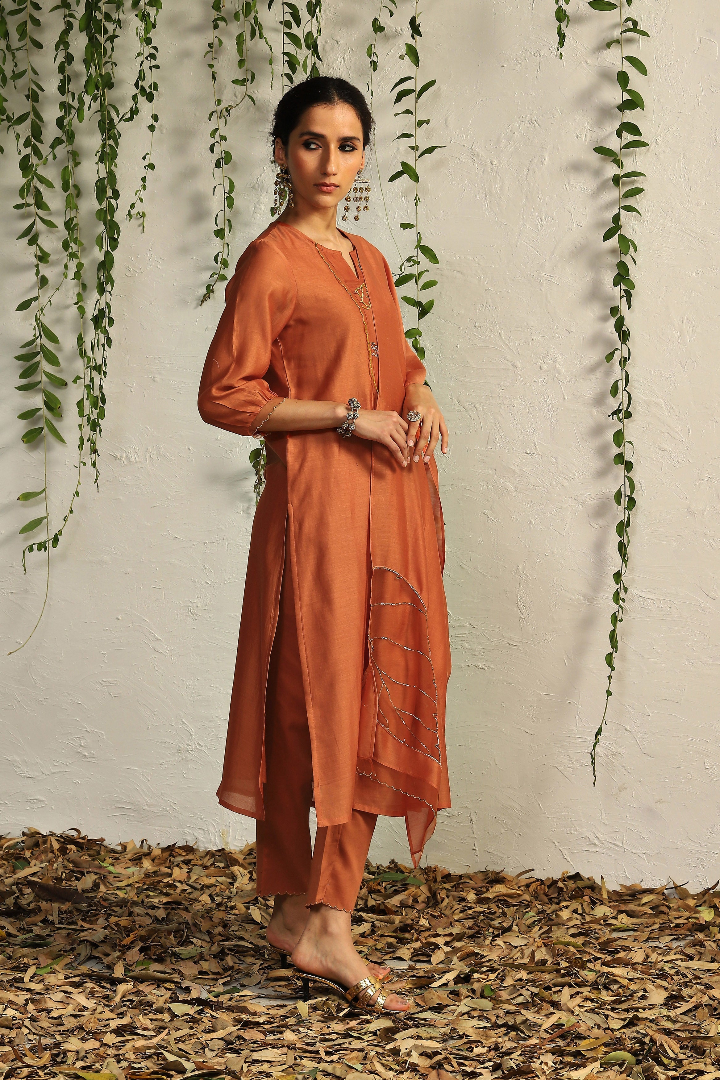 CY Charkhee Spice Orange Chanderi Flowy Kurta Side 1