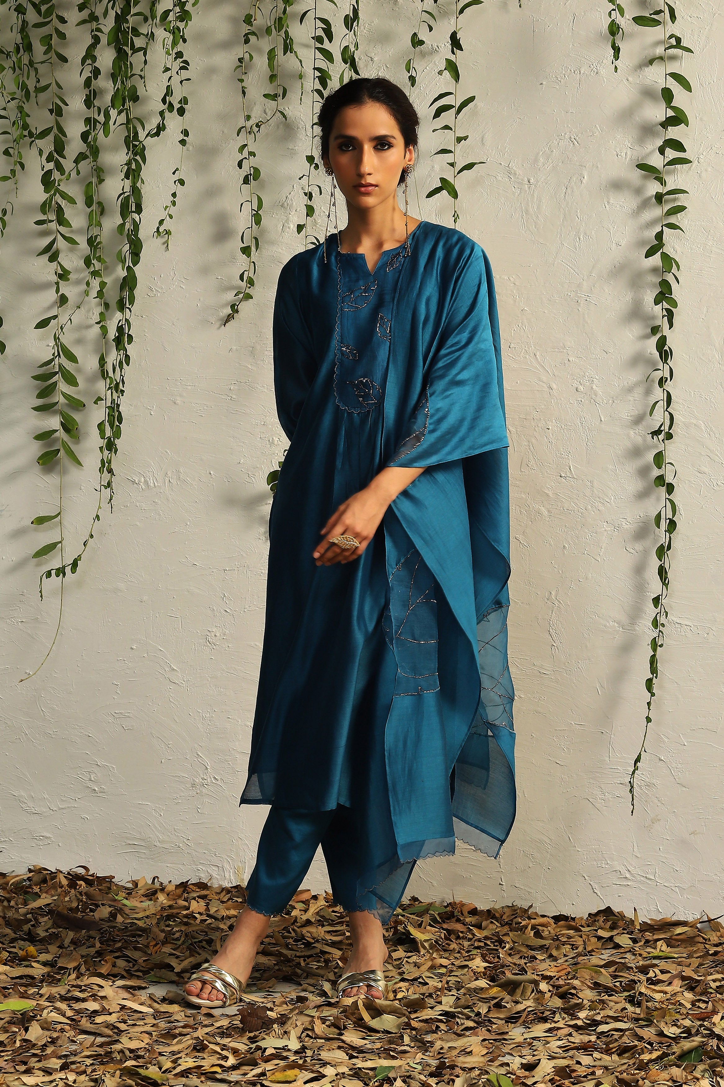 CY Charkhee True Blue Chanderi Flowy Kurta Front 1