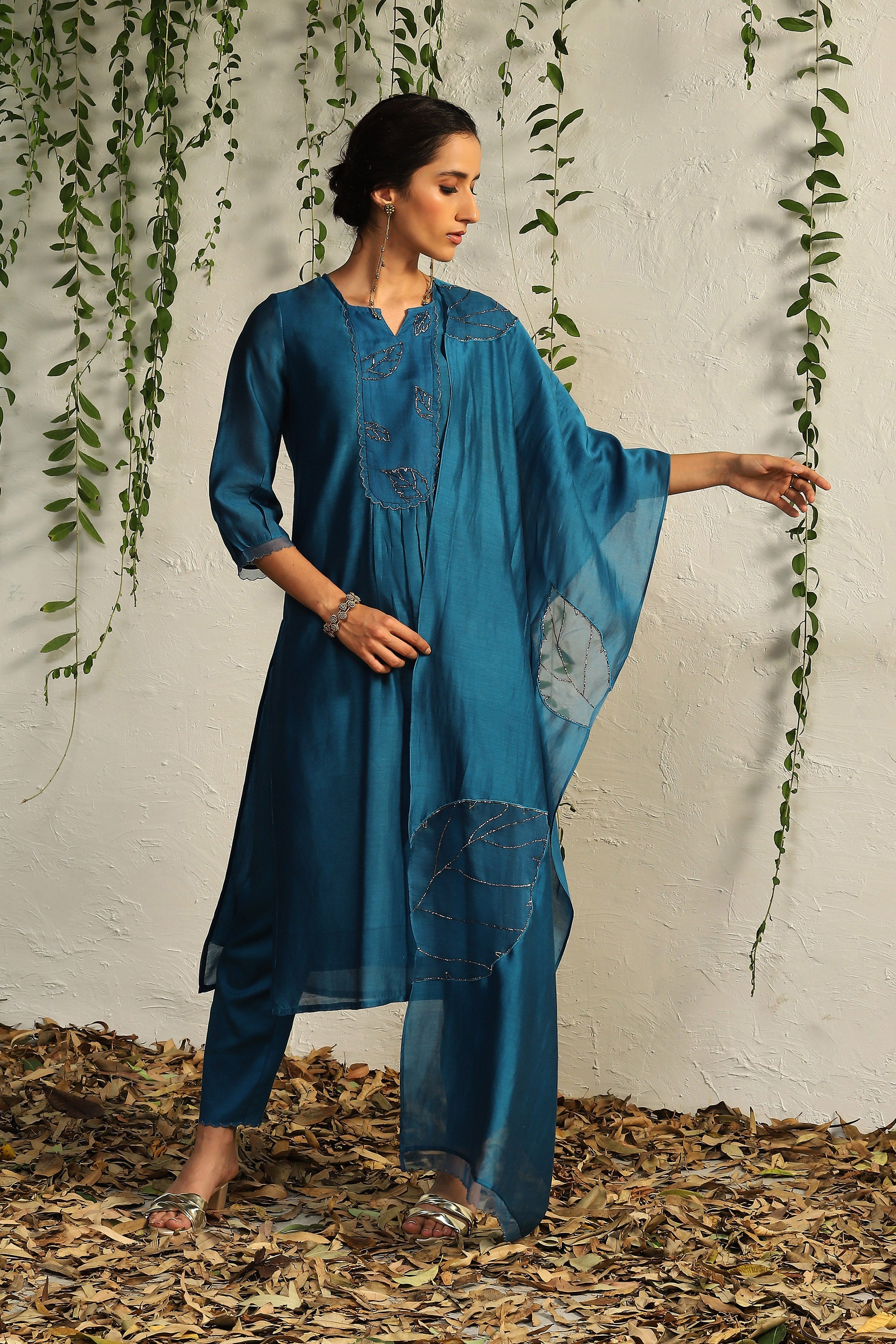 CY Charkhee True Blue Chanderi Flowy Kurta Front 2