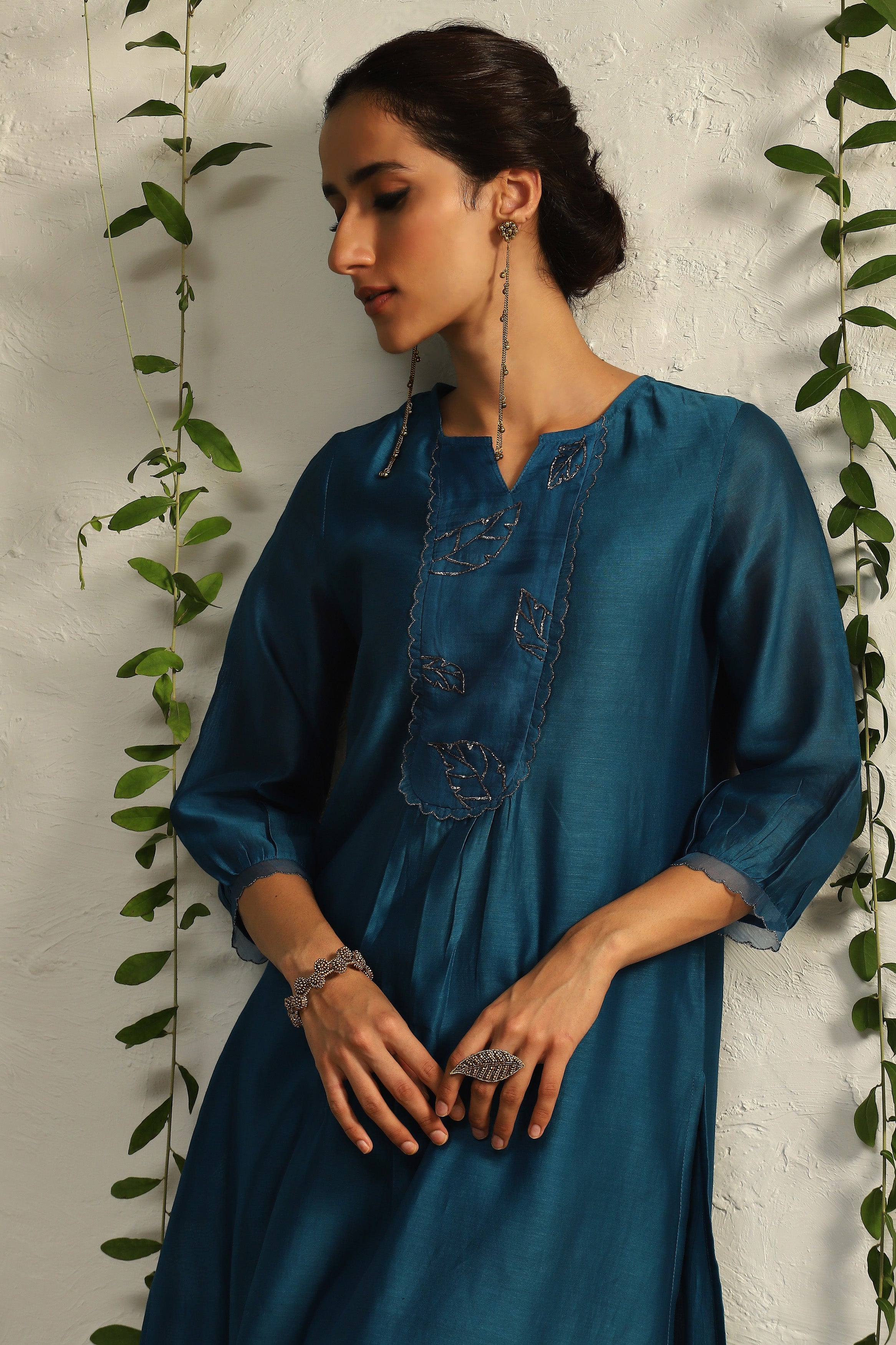 CY Charkhee True Blue Chanderi Flowy Kurta Closeup 1