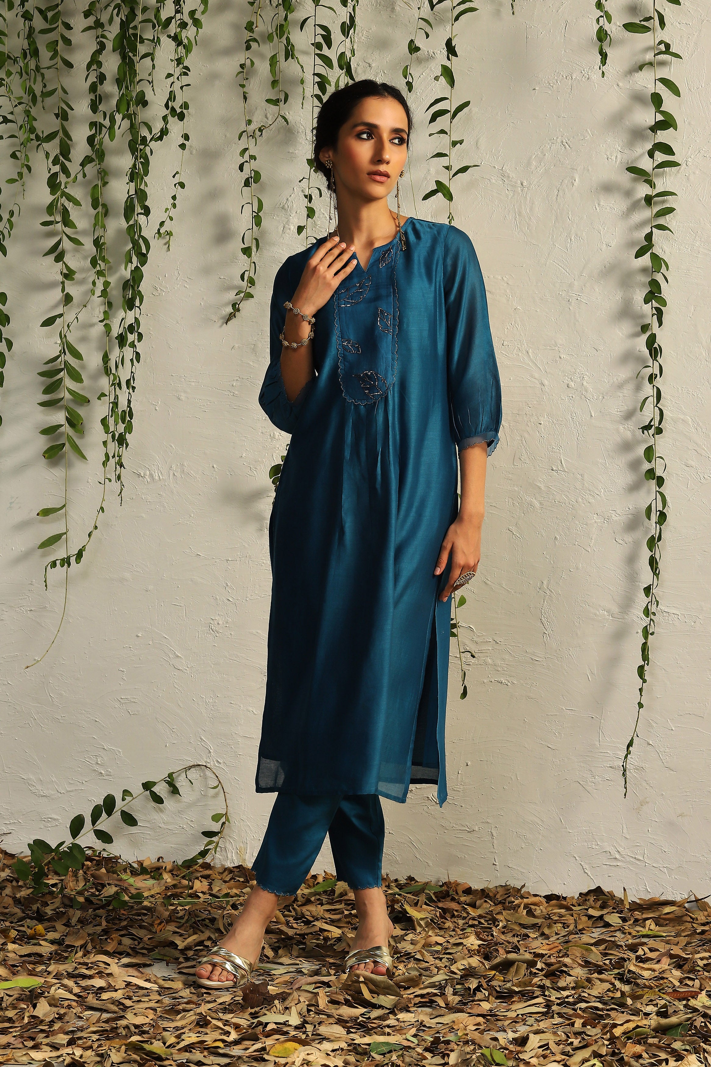 CY Charkhee True Blue Chanderi Flowy Kurta Side 2