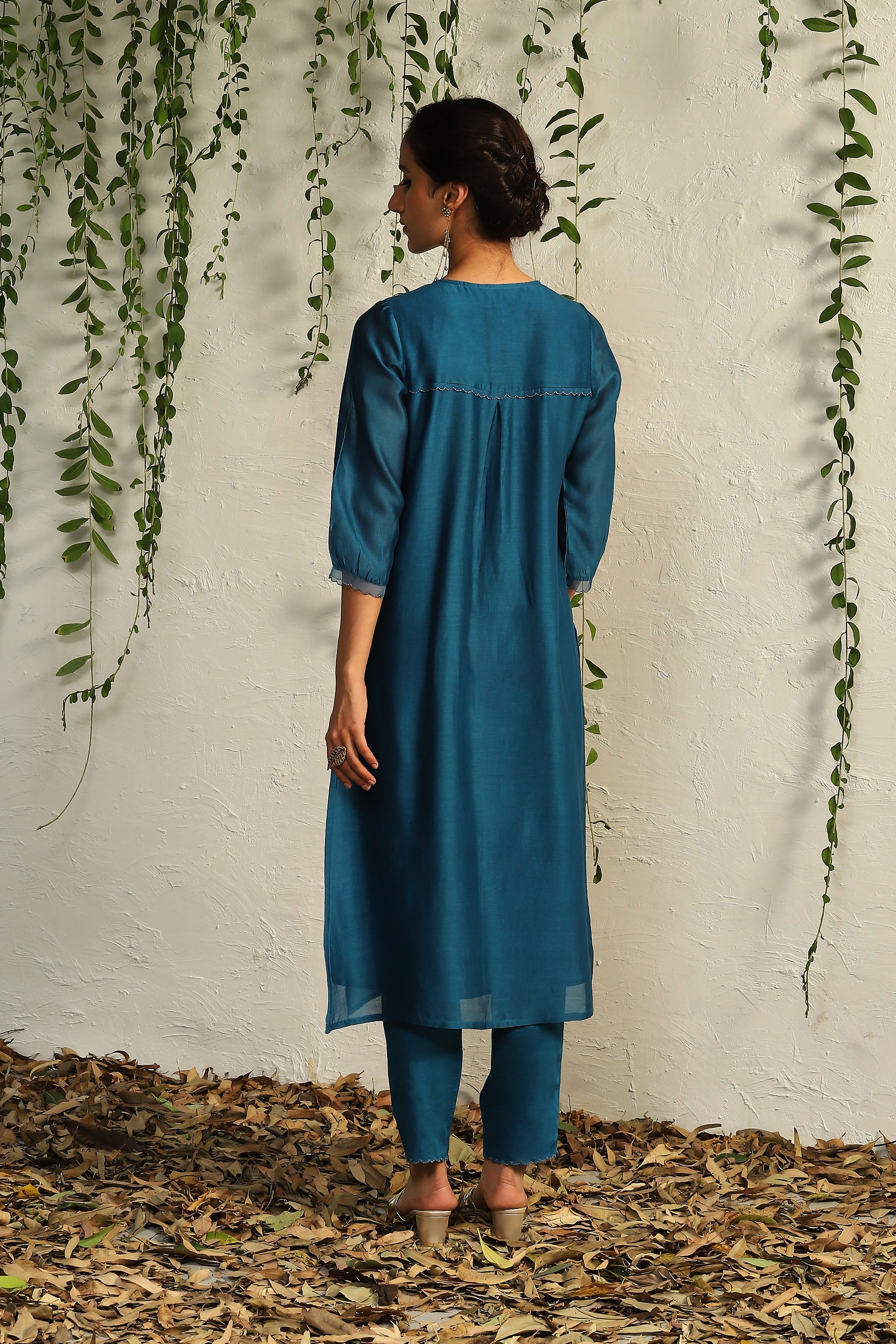 CY Charkhee True Blue Chanderi Flowy Kurta Back 1