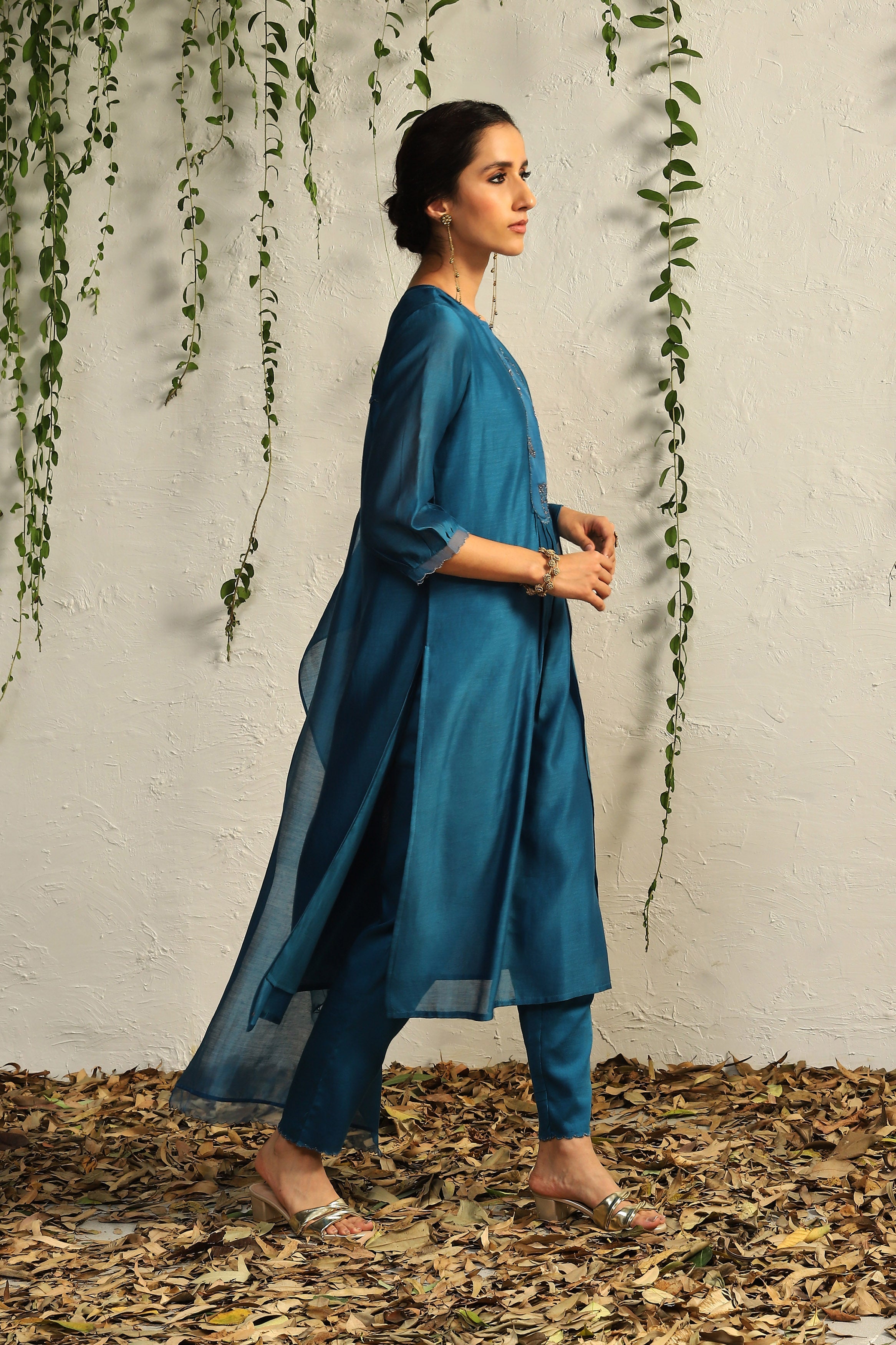 CY Charkhee True Blue Chanderi Flowy Kurta Side 1