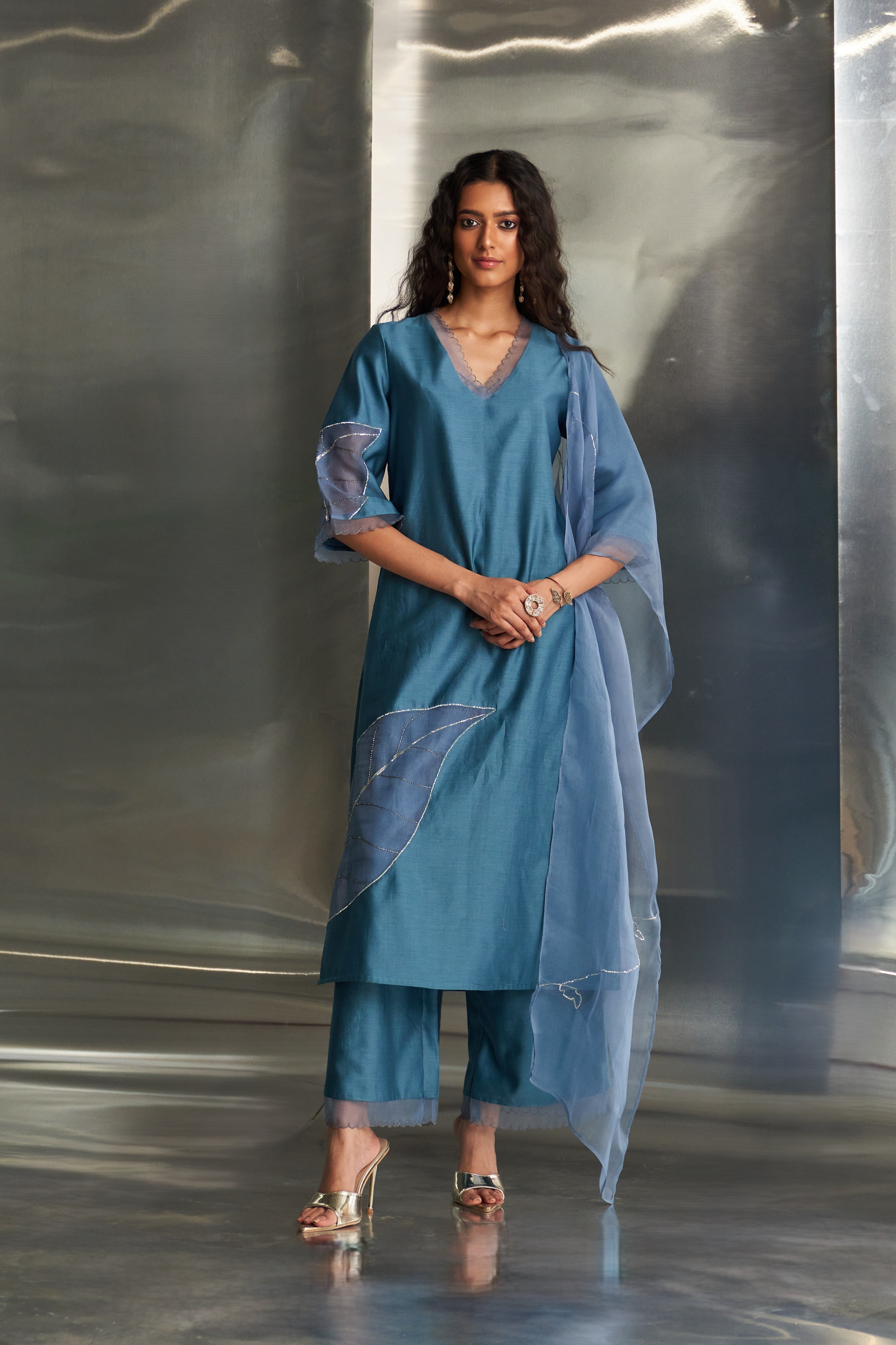 CY Charkhee Steel Blue Chanderi Straight Kurta Set Front 1