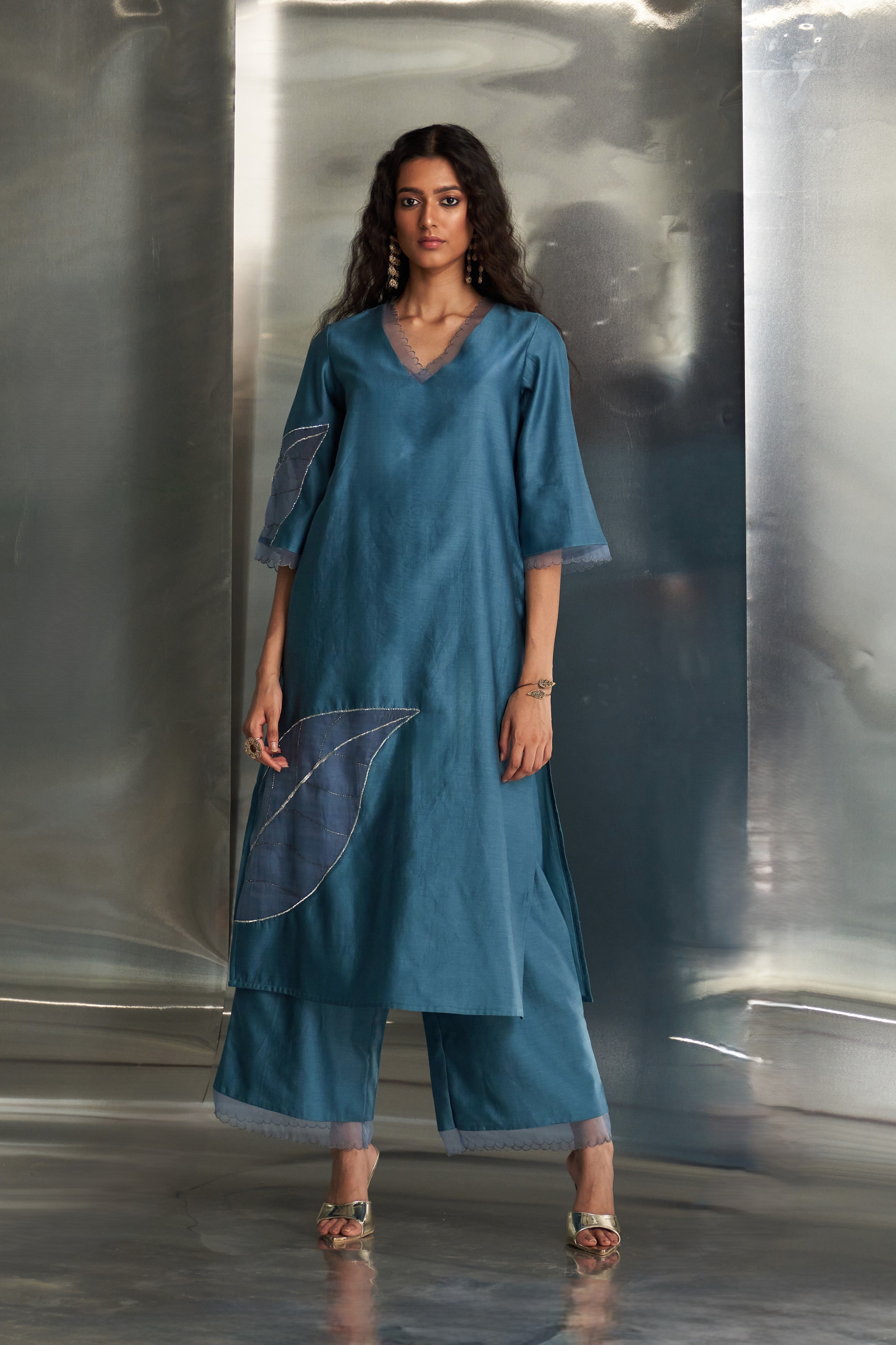 CY Charkhee Steel Blue Chanderi Straight Kurta Set Front 2