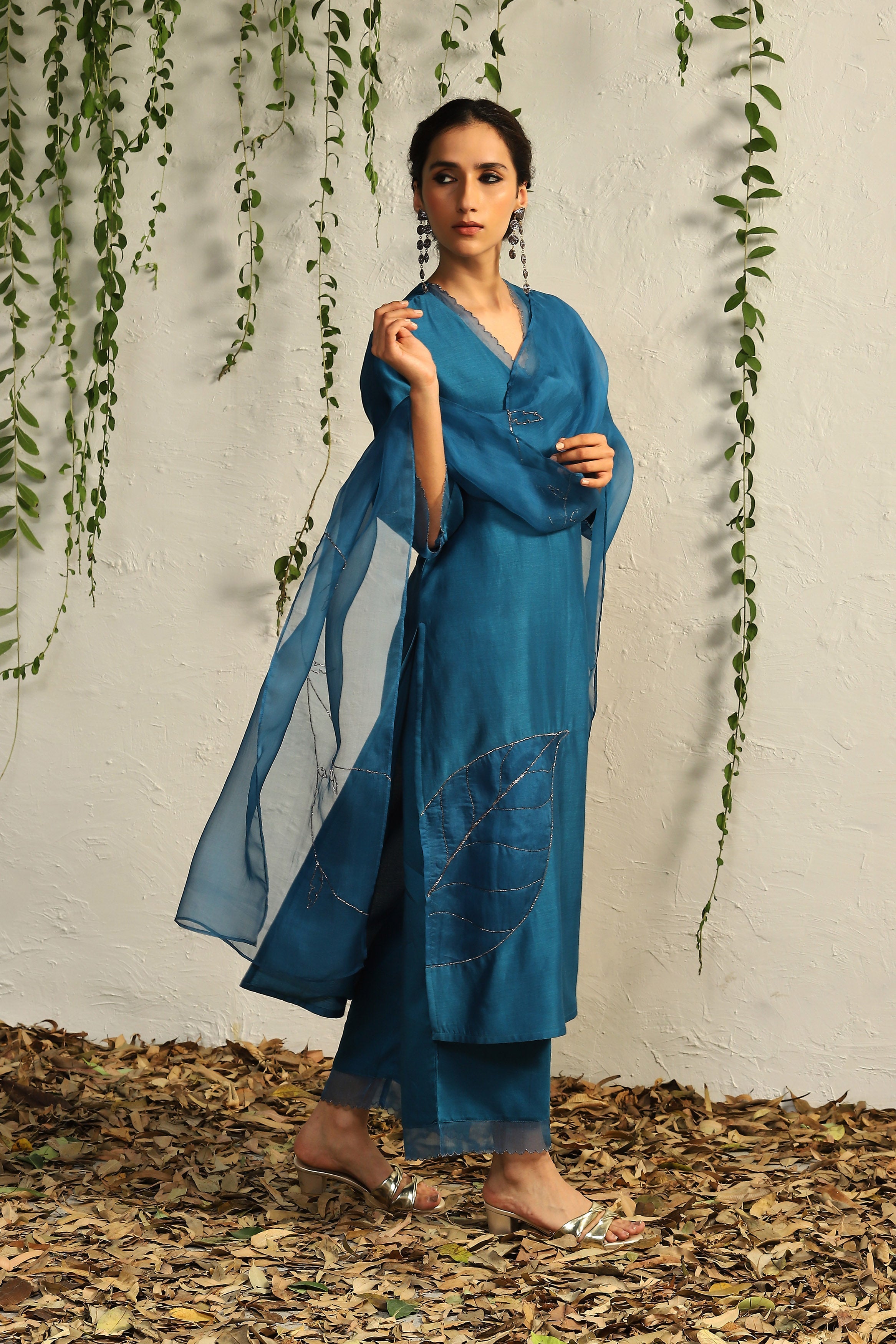 CY Charkhee True Blue Chanderi Straight Kurta Side 1