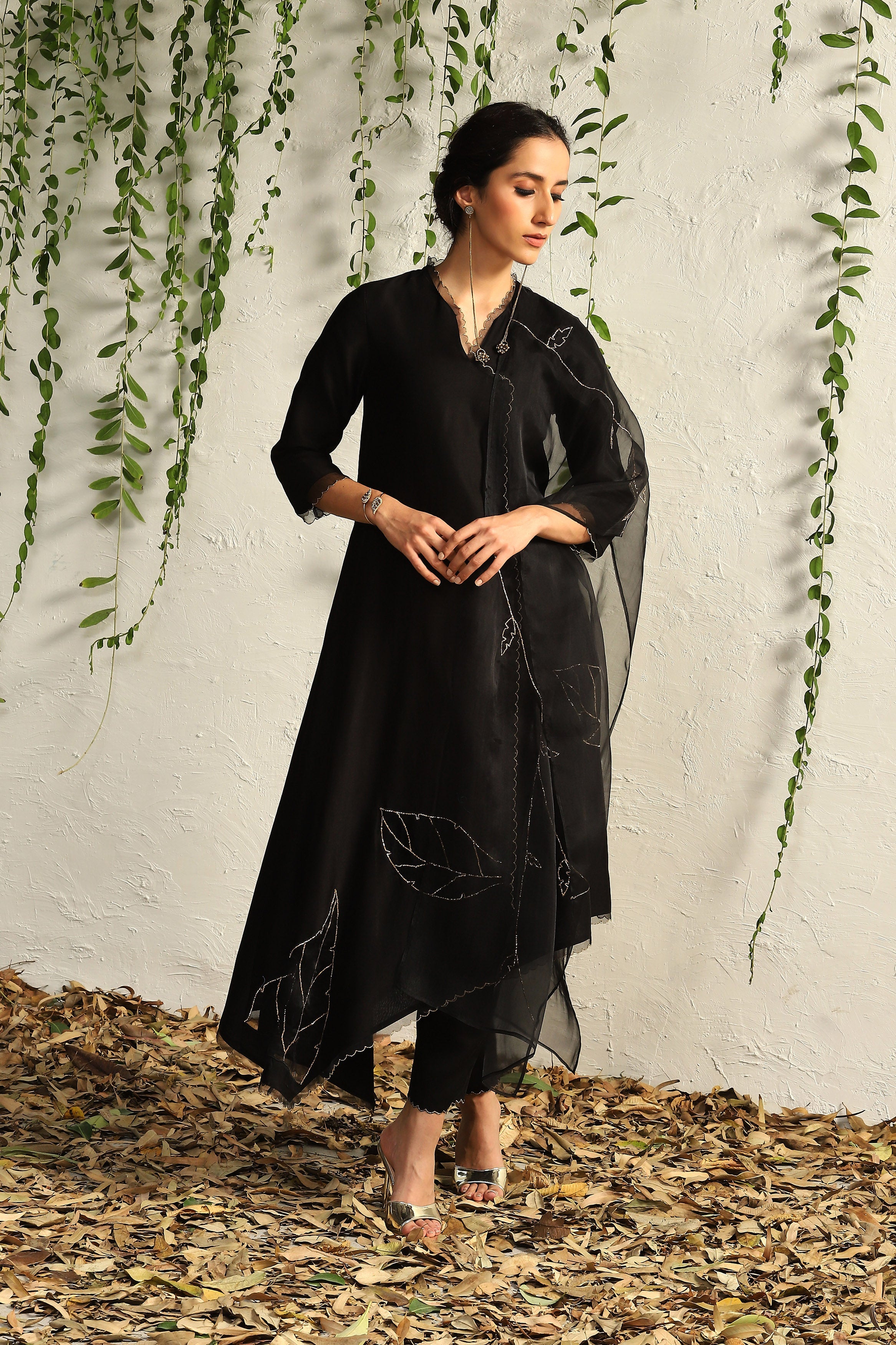 CY Charkhee Black Chanderi Asymmetrical Kurta Front 1