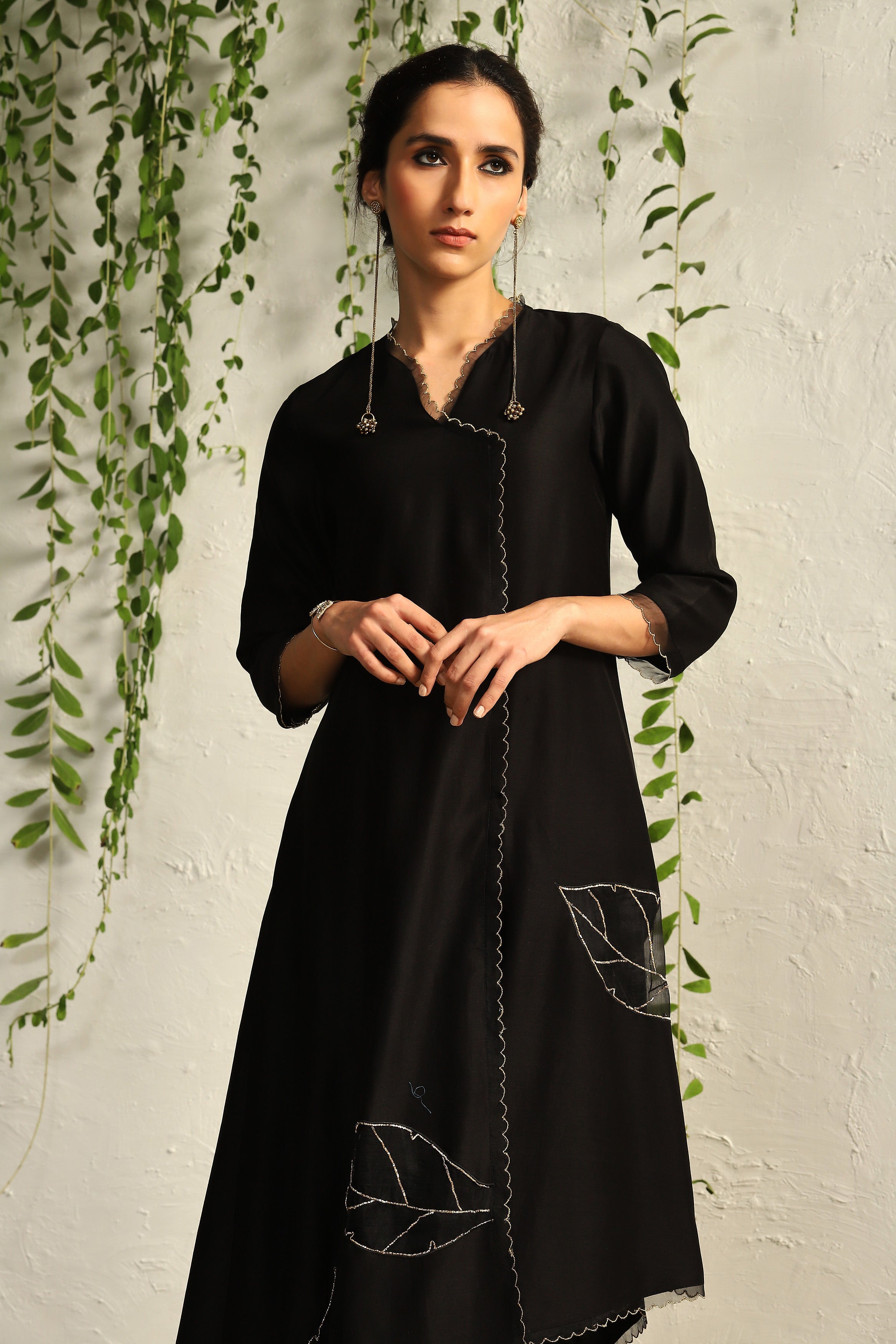 CY Charkhee Black Chanderi Asymmetrical Kurta Closeup 1