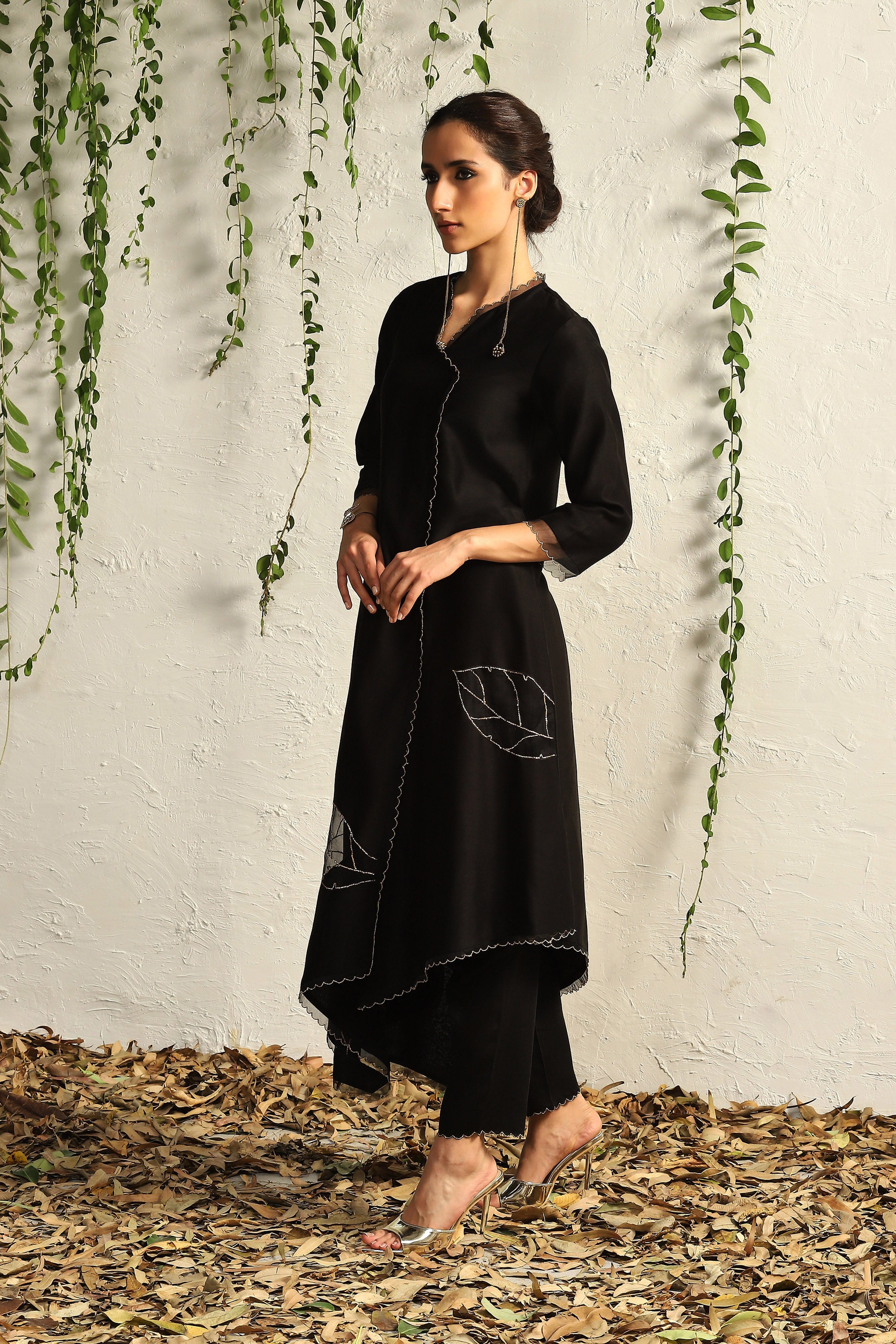 CY Charkhee Black Chanderi Asymmetrical Kurta Side 1