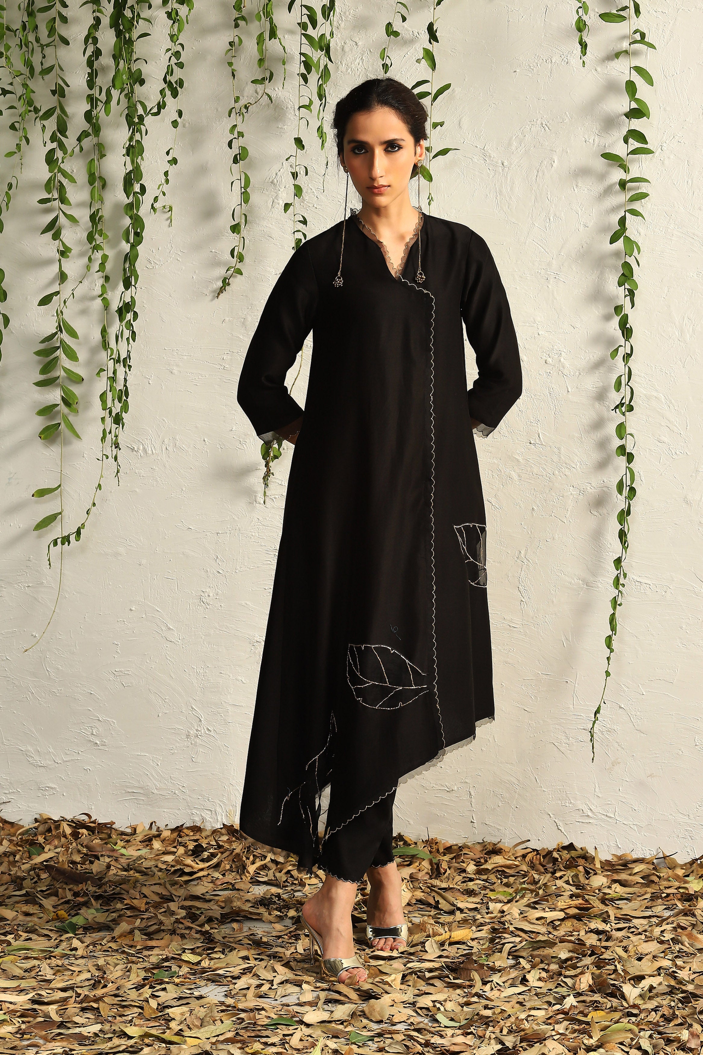 CY Charkhee Black Chanderi Asymmetrical Kurta Front 2