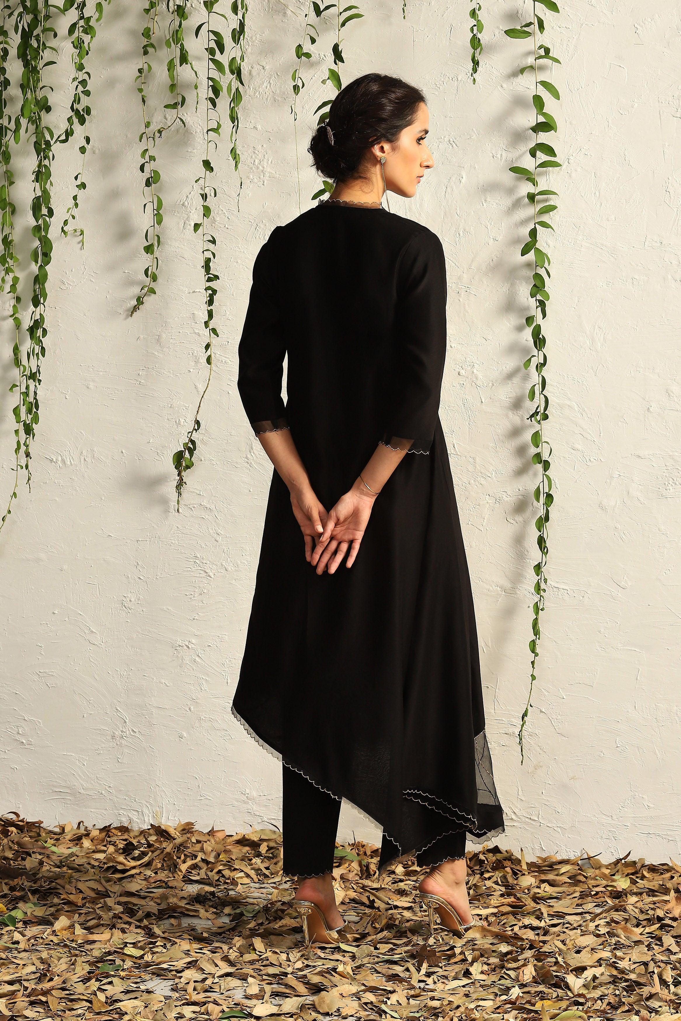 CY Charkhee Black Chanderi Asymmetrical Kurta Back 1