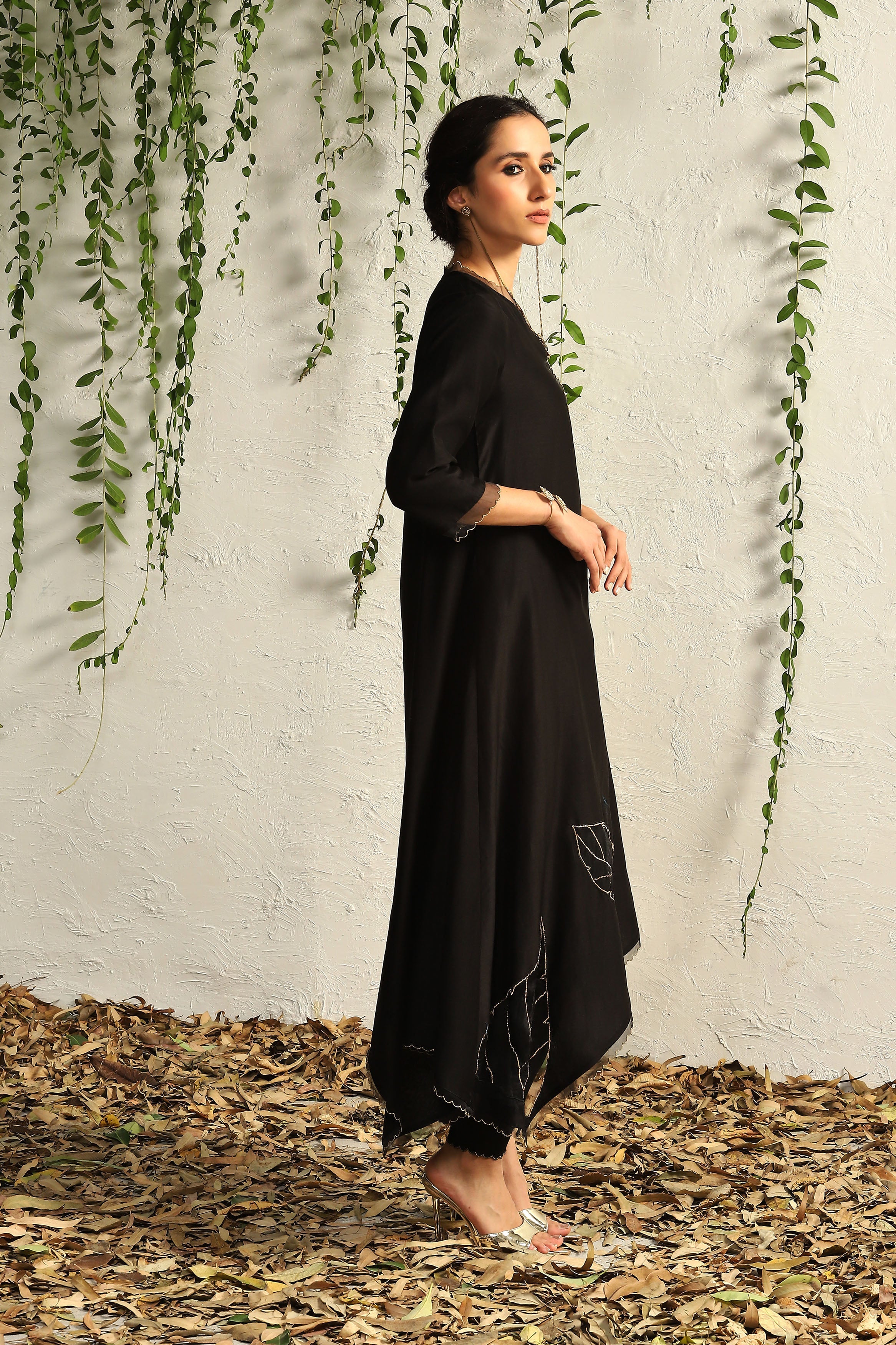 CY Charkhee Black Chanderi Asymmetrical Kurta Side 2