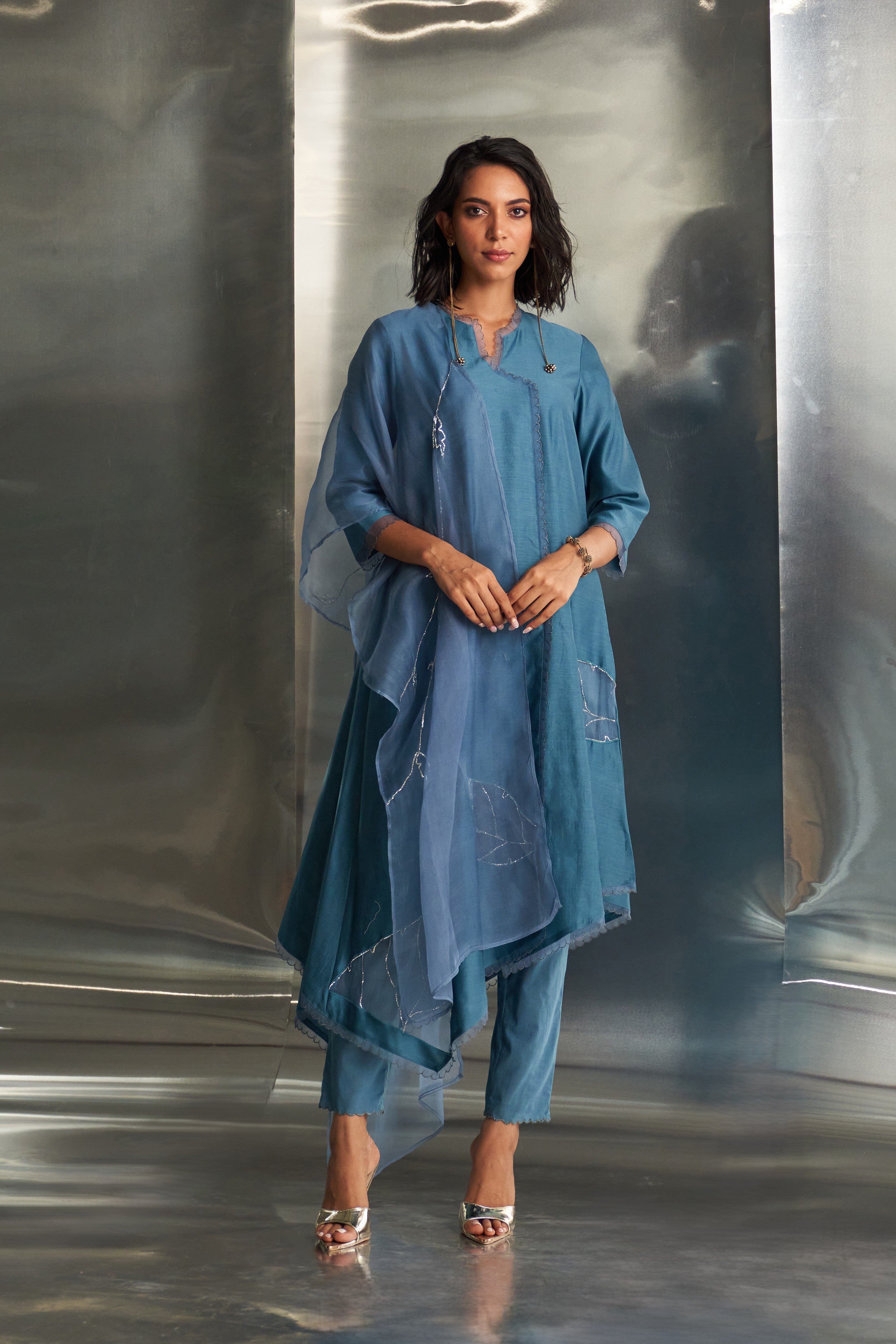 CY Charkhee Steel Blue Asymmetrical Kurta Set Front 1