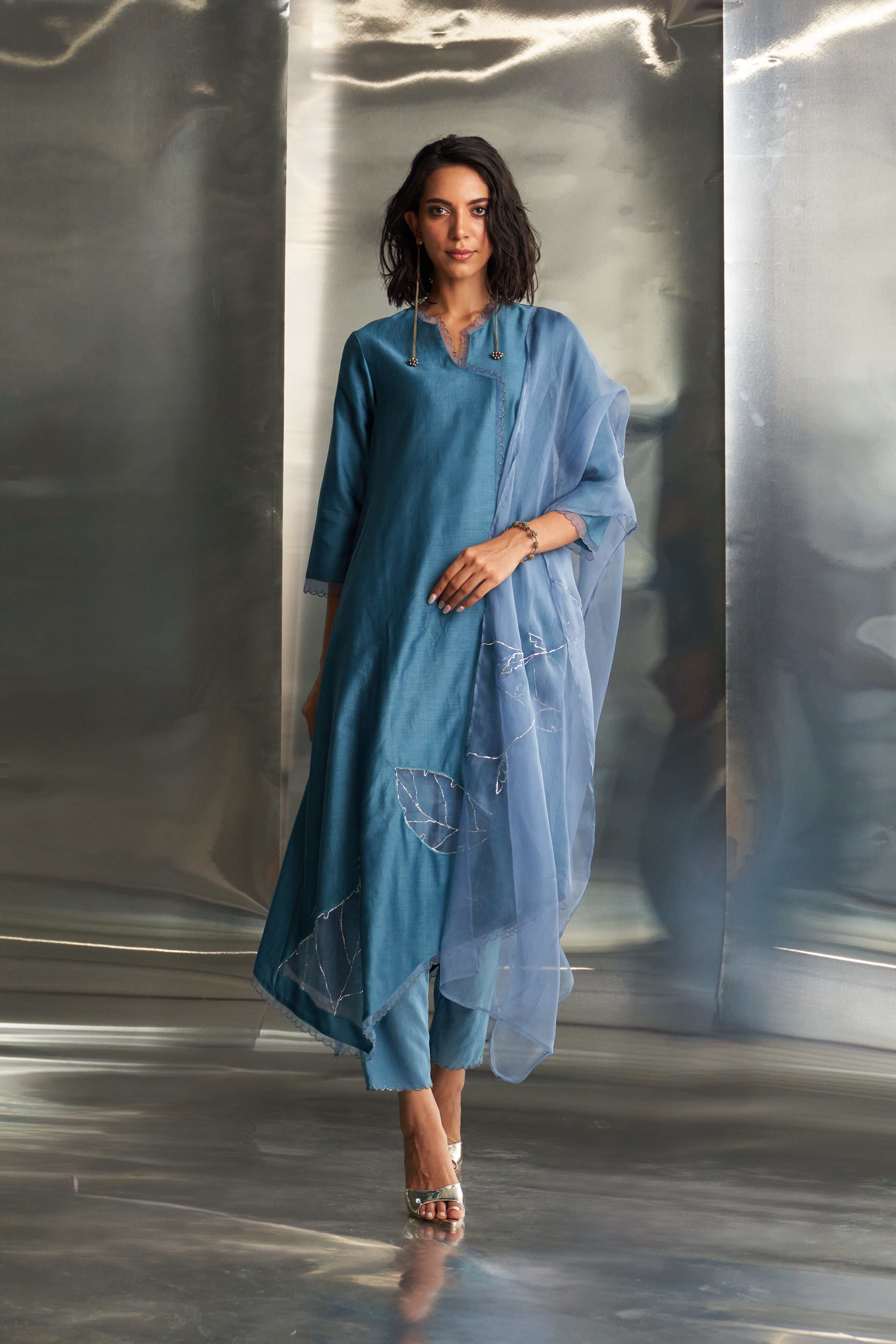 CY Charkhee Steel Blue Asymmetrical Kurta Set Front 2