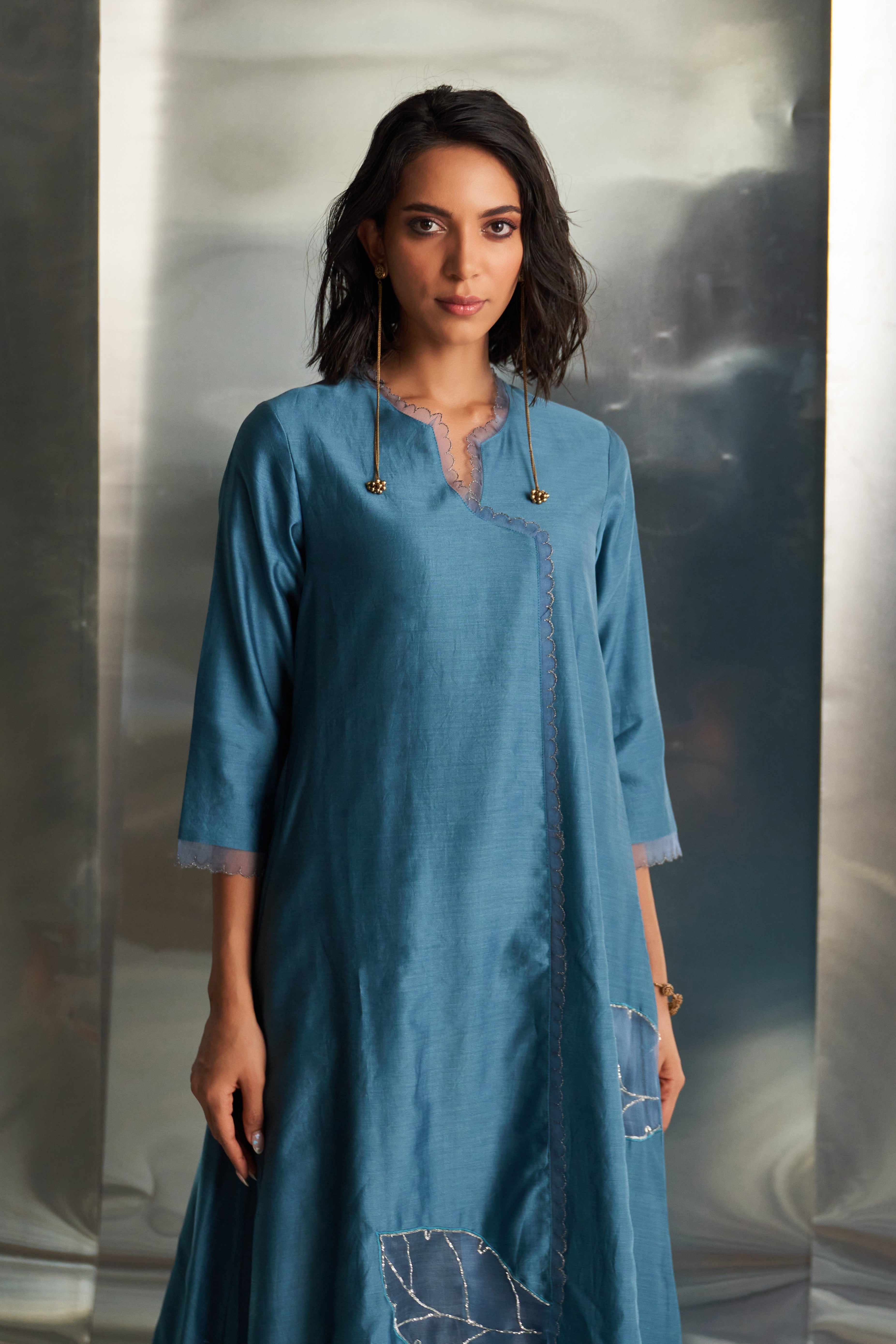 CY Charkhee Steel Blue Asymmetrical Kurta Set Closeup 2