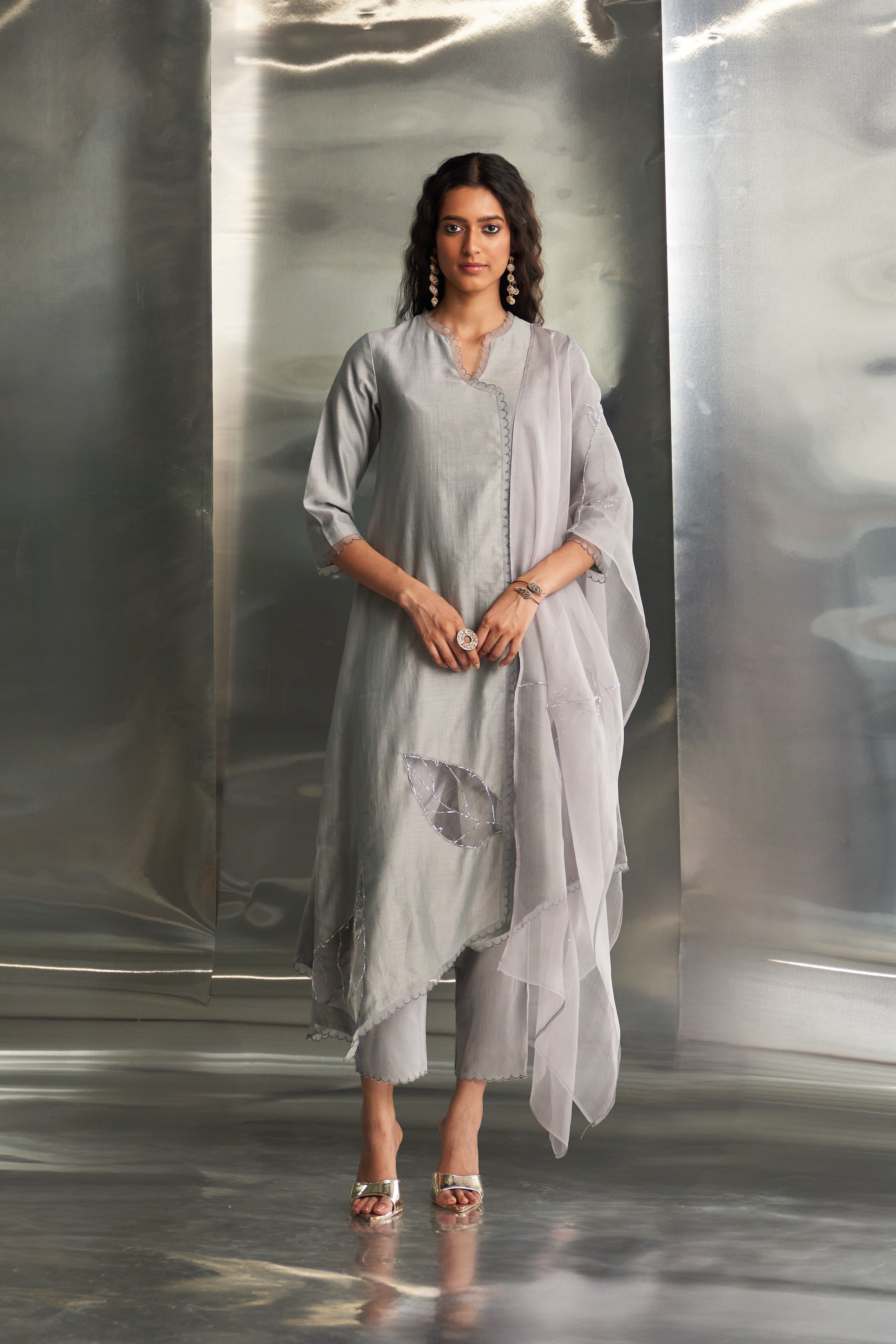 CY Charkhee Steel Grey Asymmetrical Kurta Set Front 1