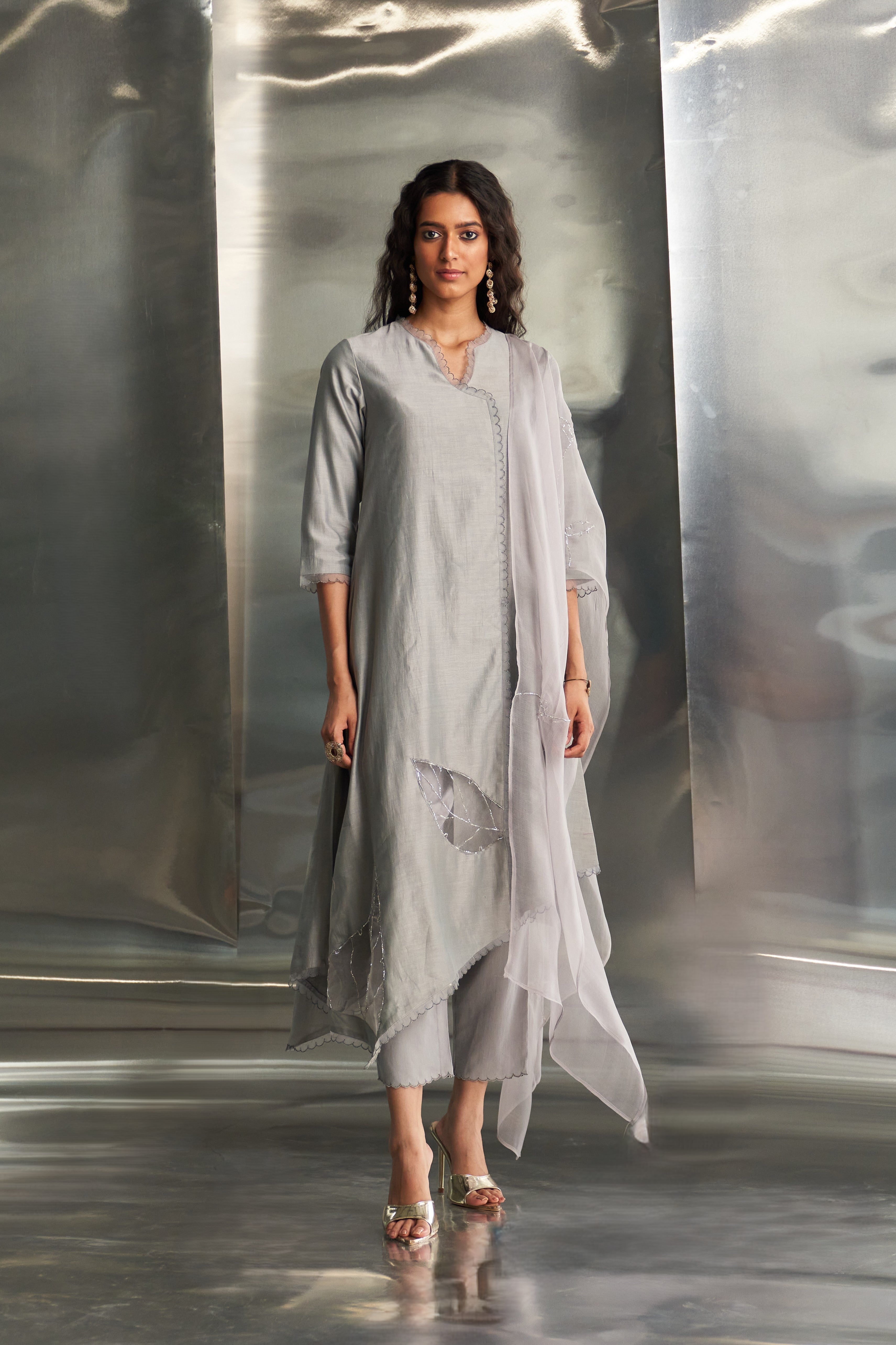 CY Charkhee Steel Grey Asymmetrical Kurta Set Front 3