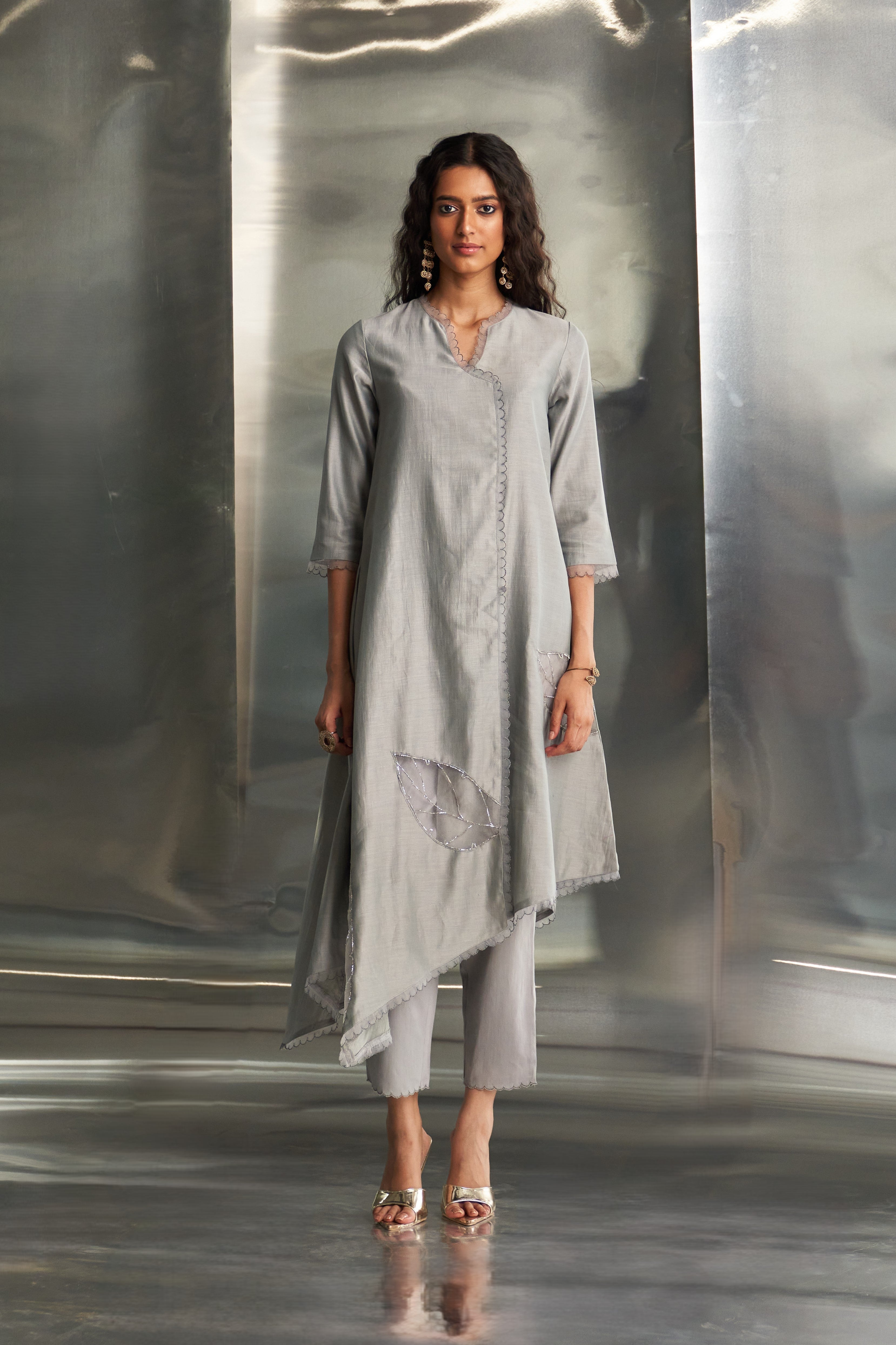 CY Charkhee Steel Grey Asymmetrical Kurta Set Front 2