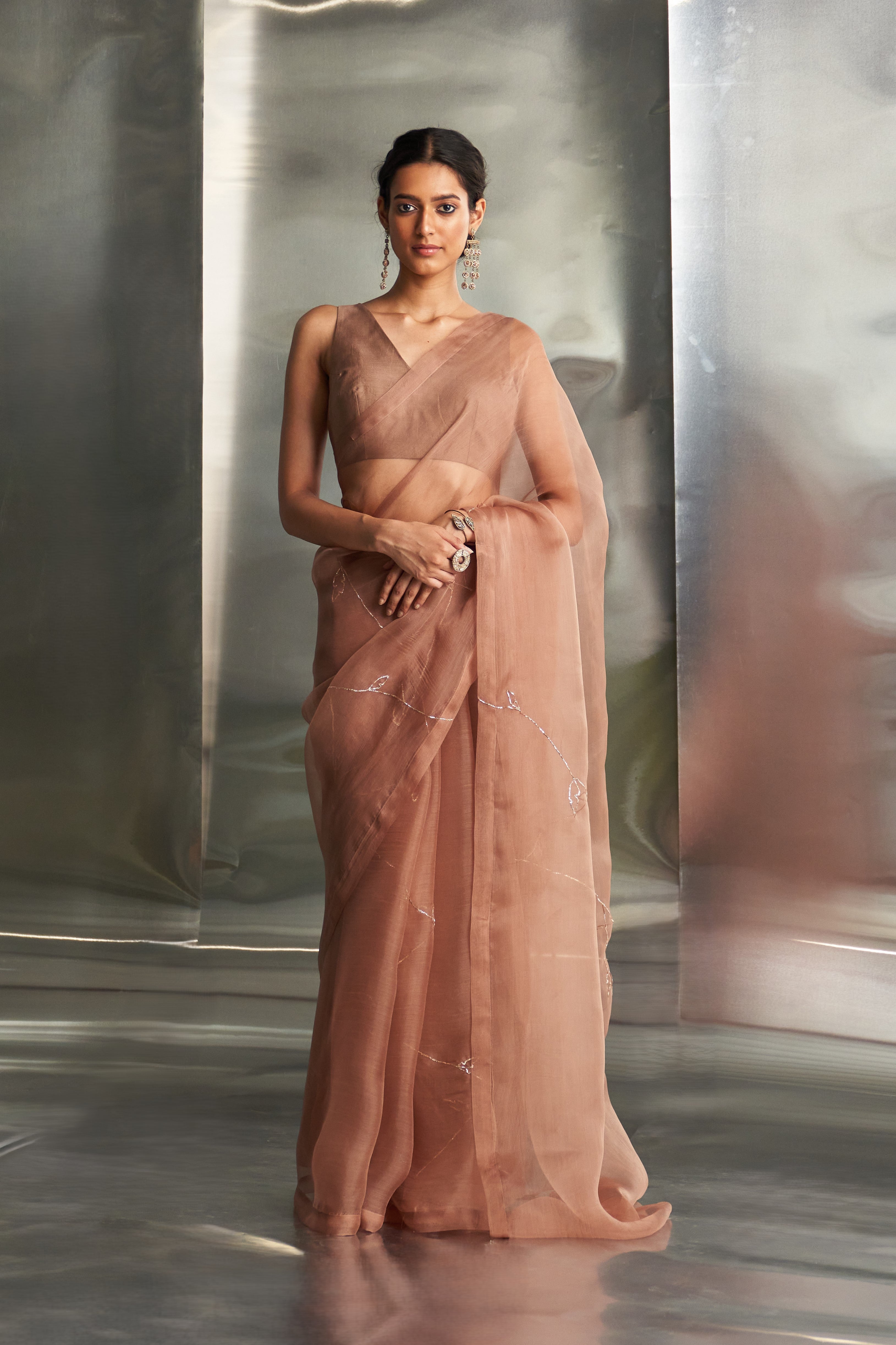 CY Charkhee Ginger Saree With Sleeveless Blouse Front 1