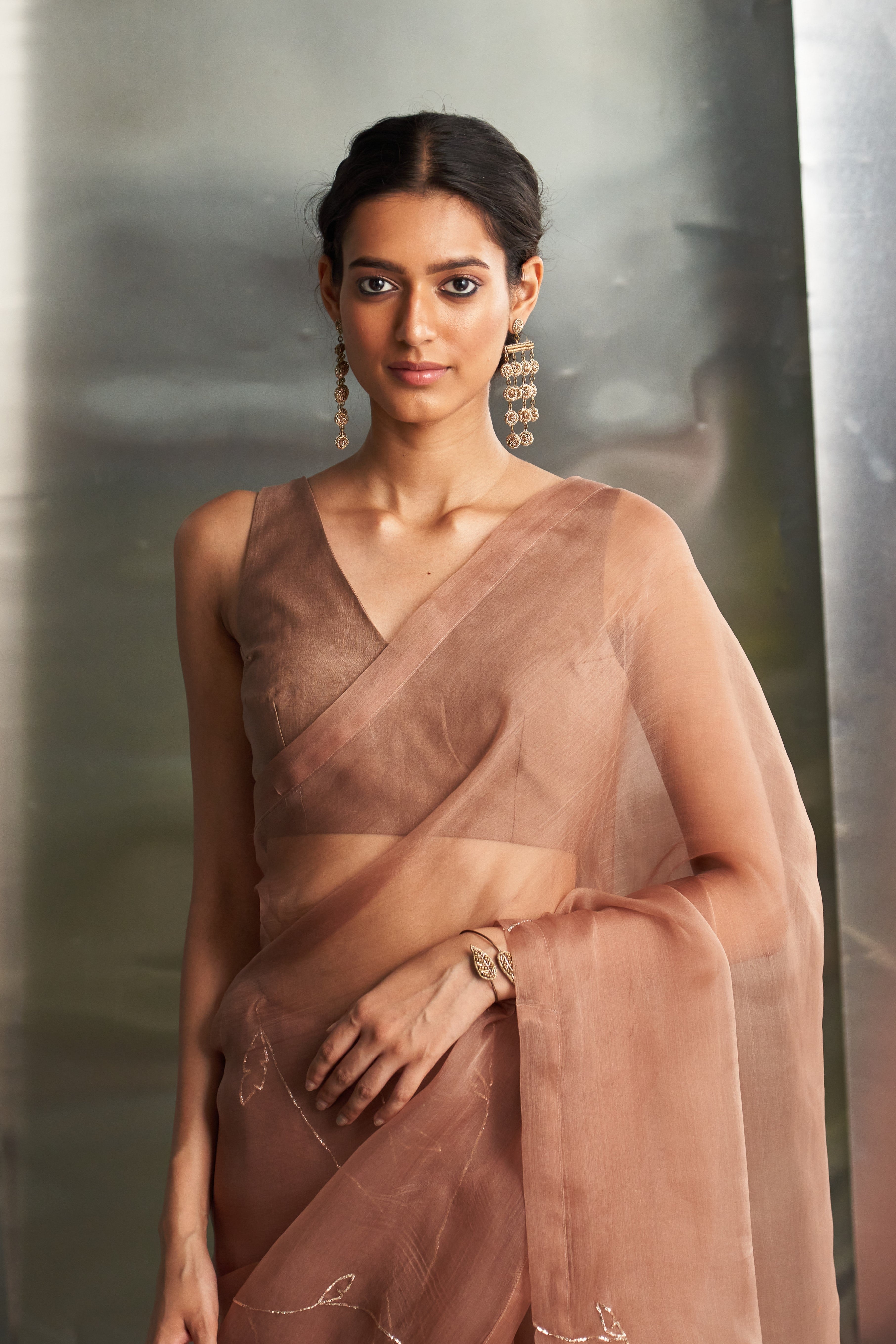 CY Charkhee Ginger Saree With Sleeveless Blouse Closeup 1