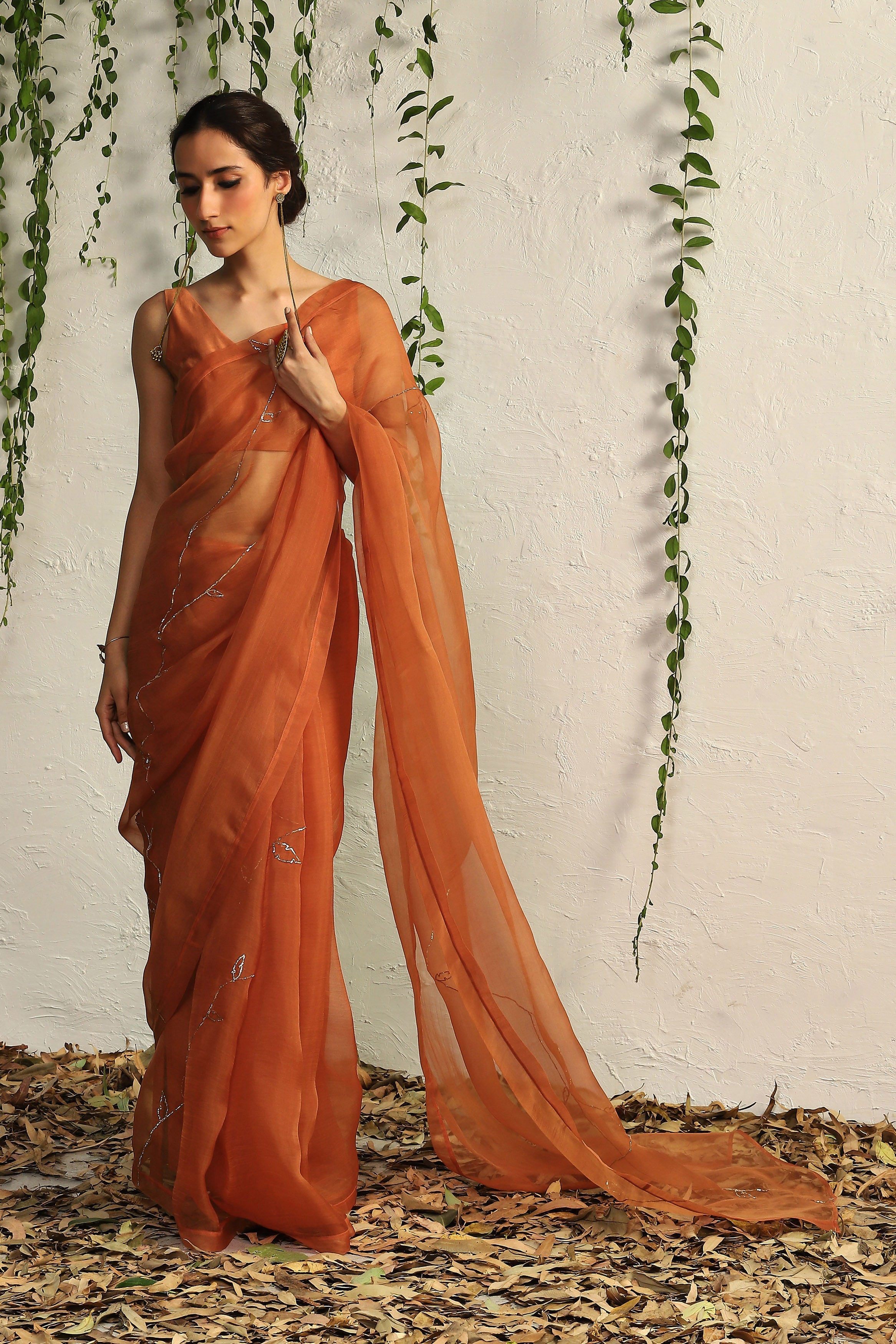 CY Charkhee Spice Orange Organza Nakshi Saree Front 1