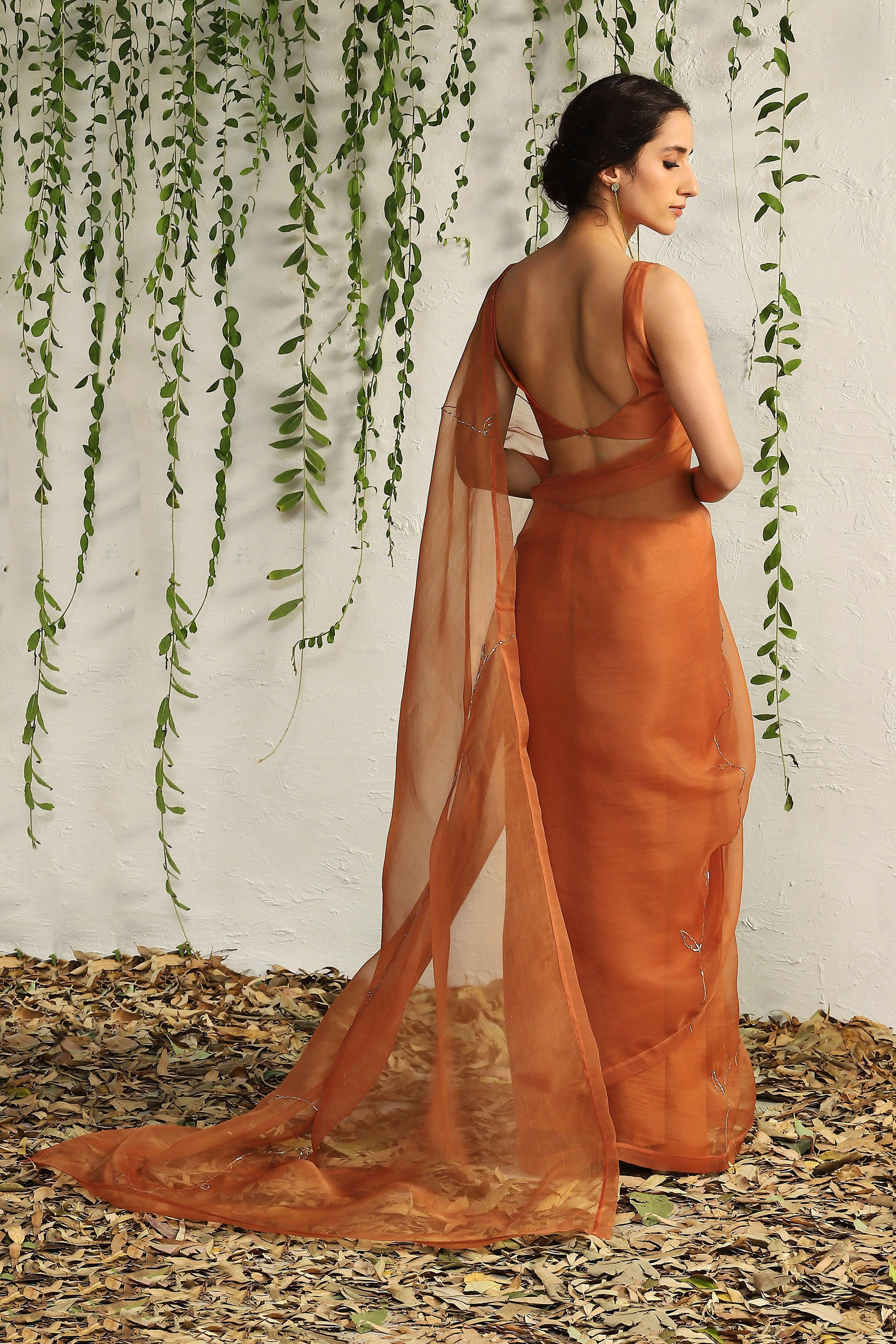 CY Charkhee Spice Orange Organza Nakshi Saree Back 1