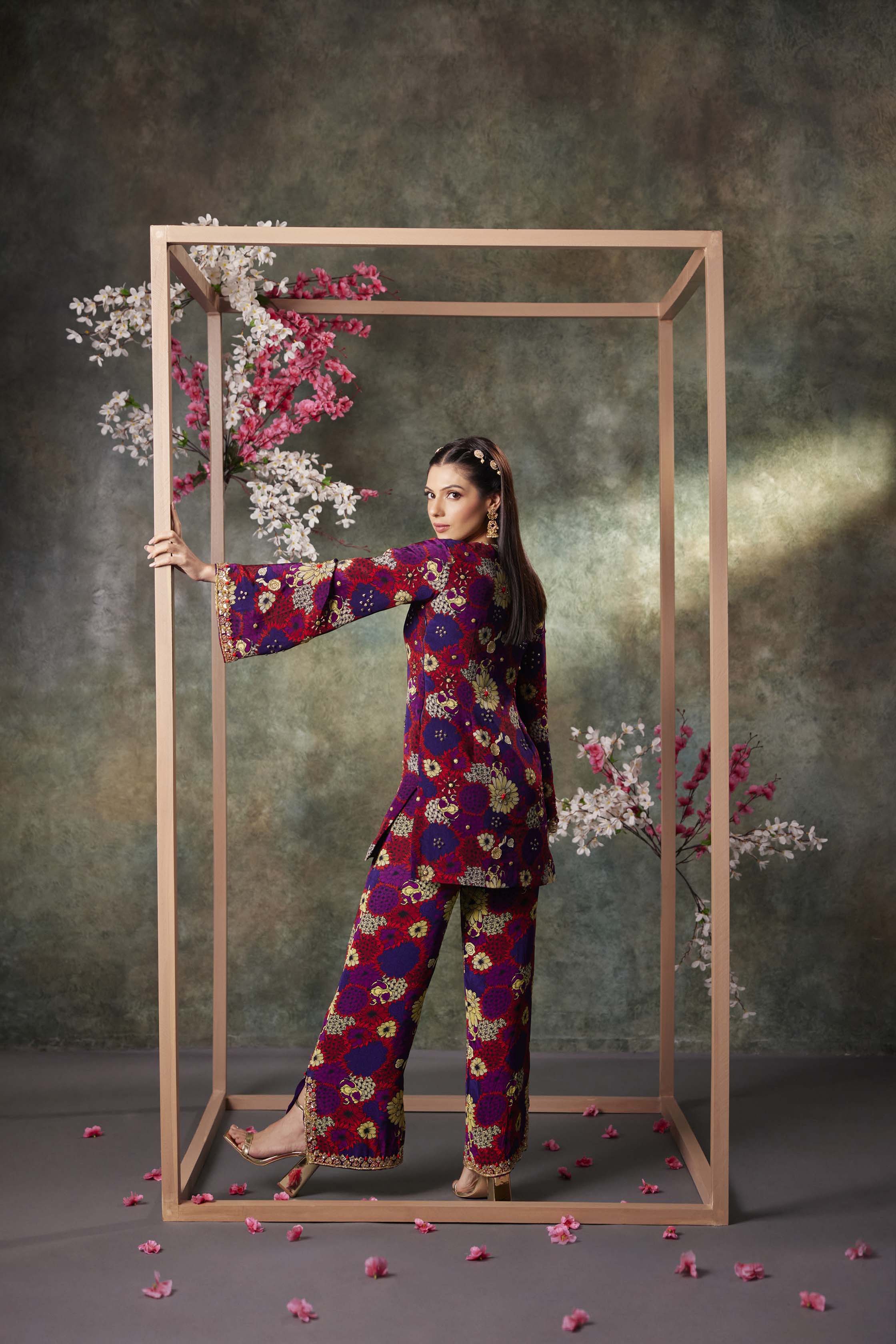 CY Mehak Murpana Purple Printed Kurta And Pants Set With Embroidery Back 1