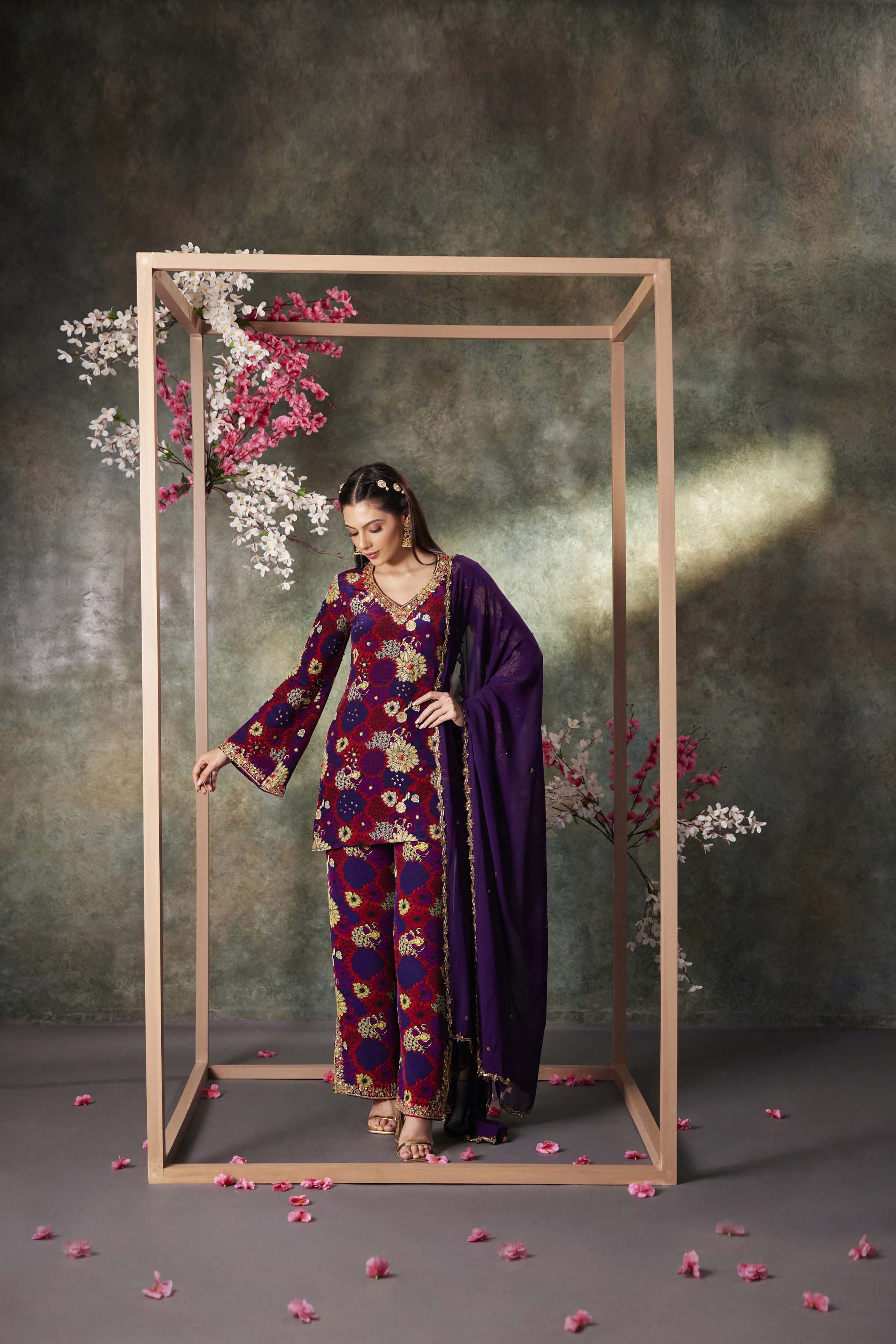 CY Mehak Murpana Purple Printed Kurta, Pants And Dupatta Set With Embroidery Front 3