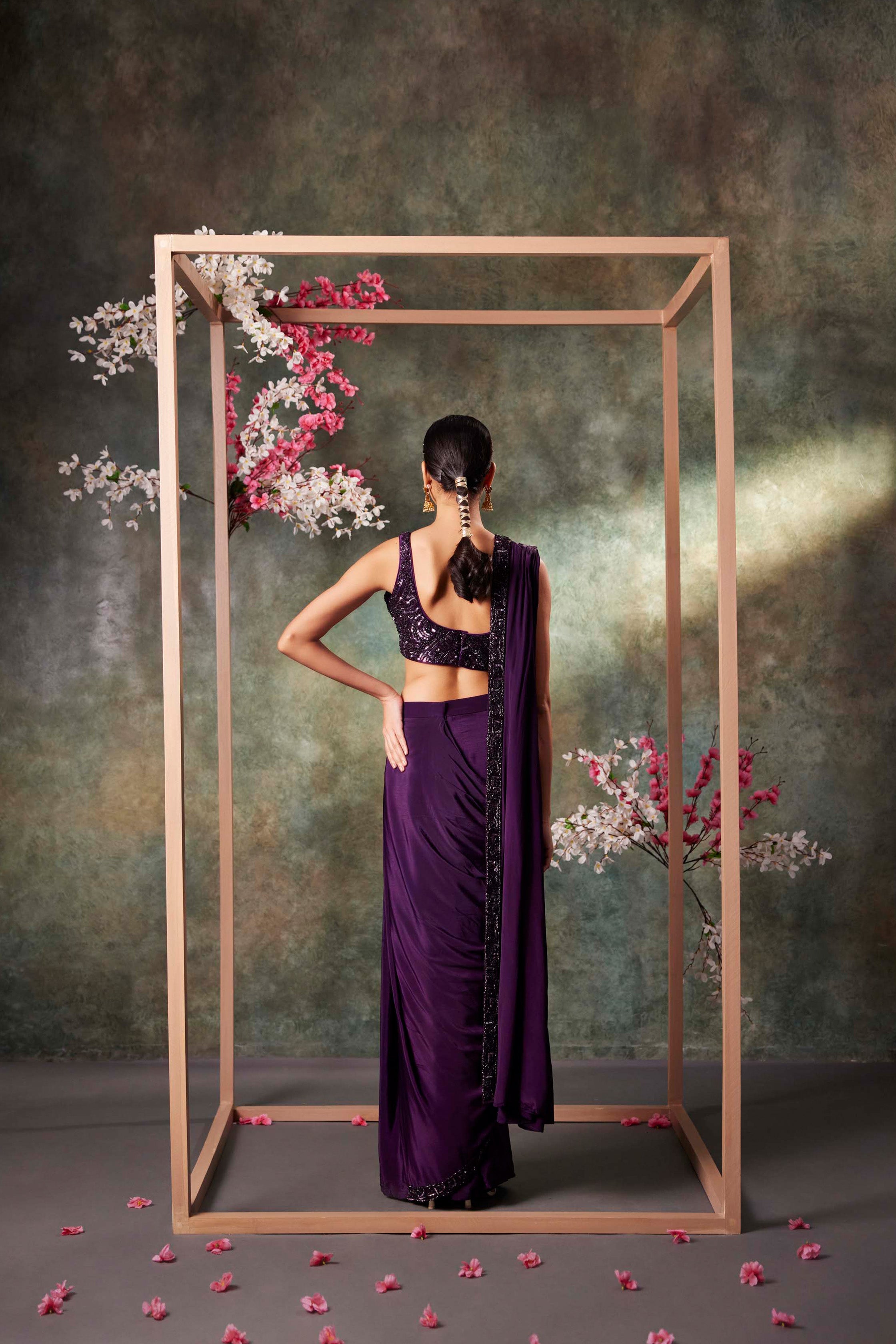 CY Mehak Murpana Purple Pre Draped Saree Set Back 1