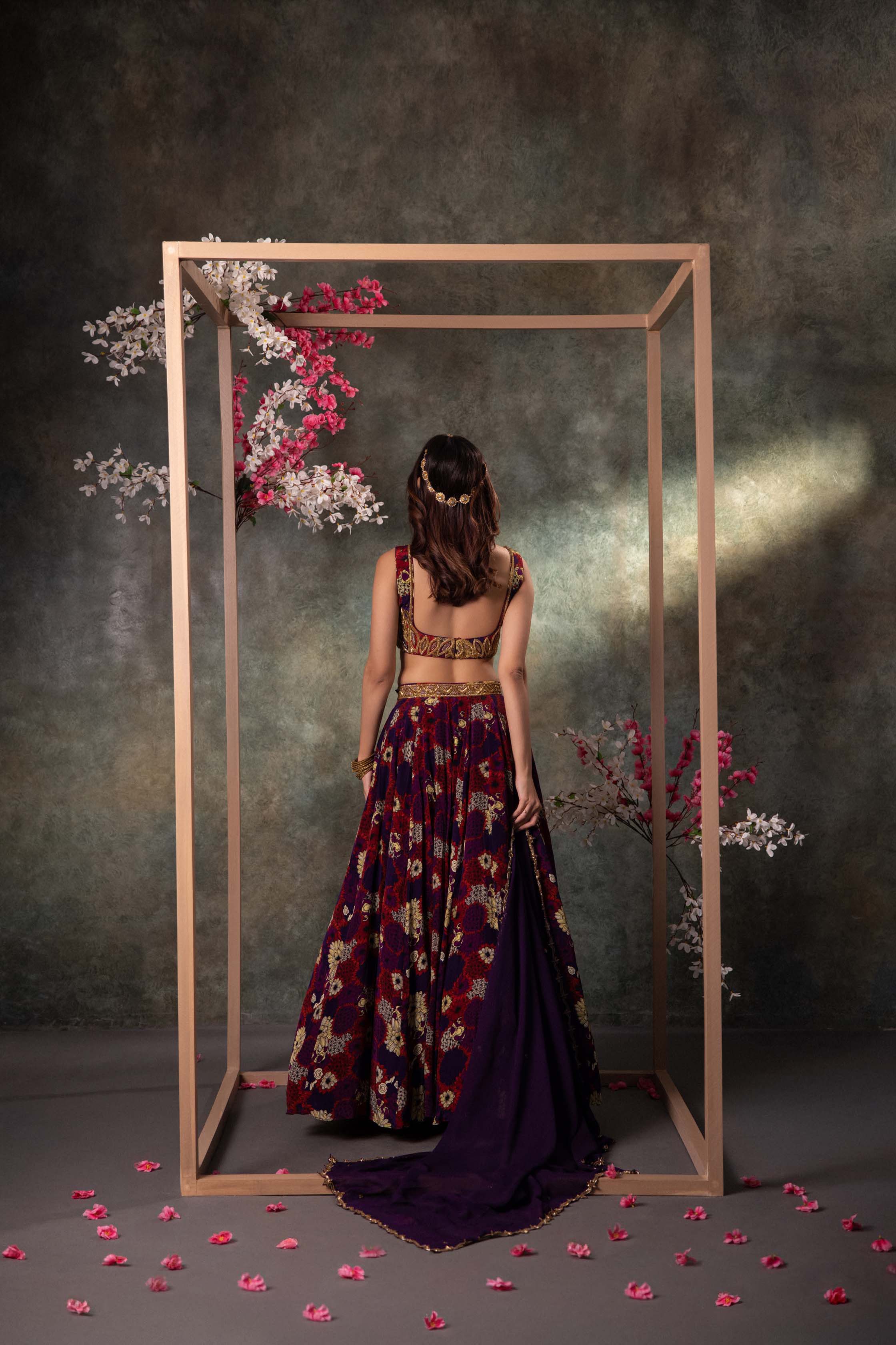 CY Mehak Murpana Purple Printed Choli, Lehenga And Dupatta Set With Embroidery Back 1