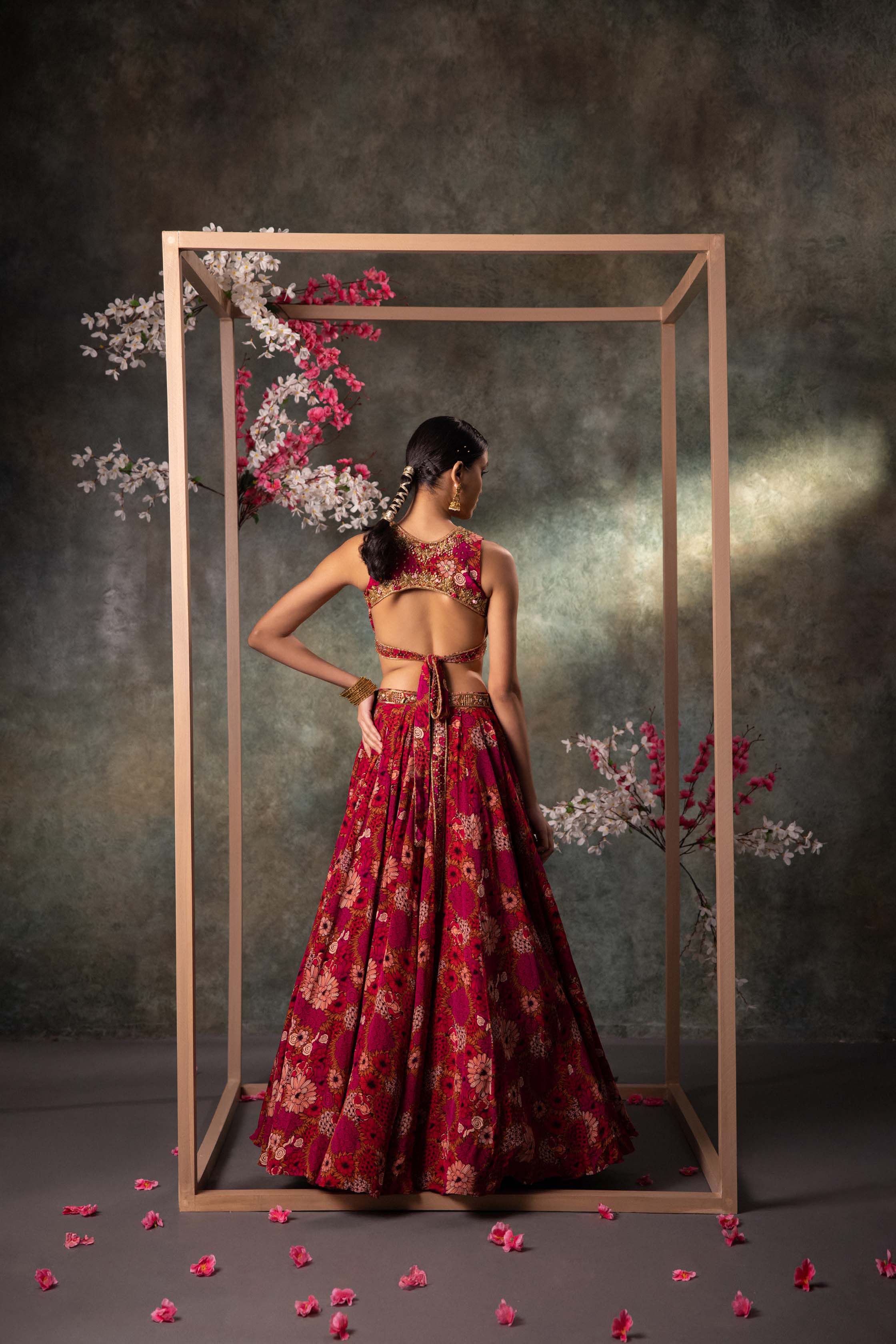 CY Mehak Murpana Pink Printed Backless Top And Lehenga Set With Embroidery Back 1