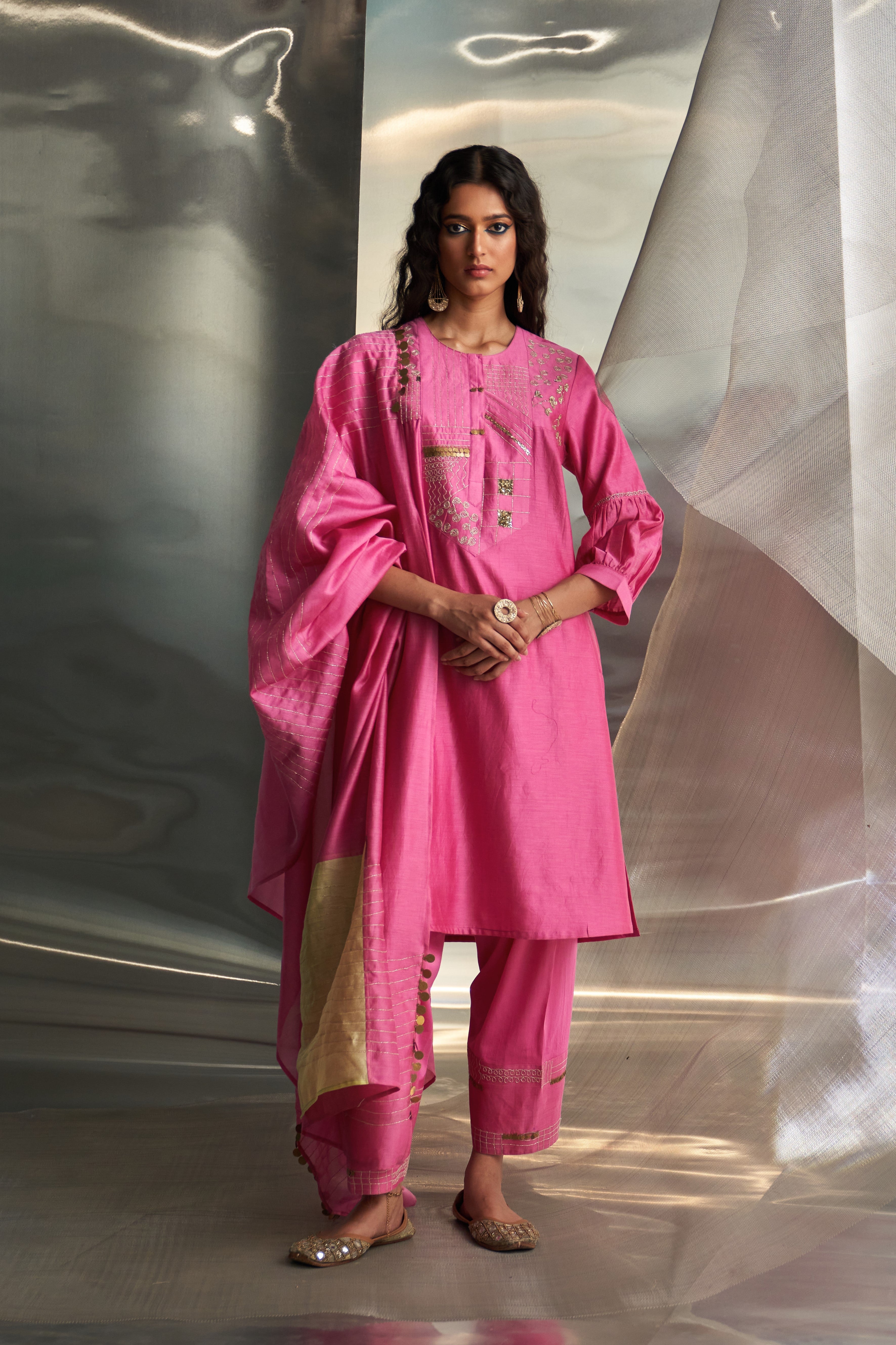 CY Charkhee Bloom Pink With Heavy Booti Kurta Set Front 1