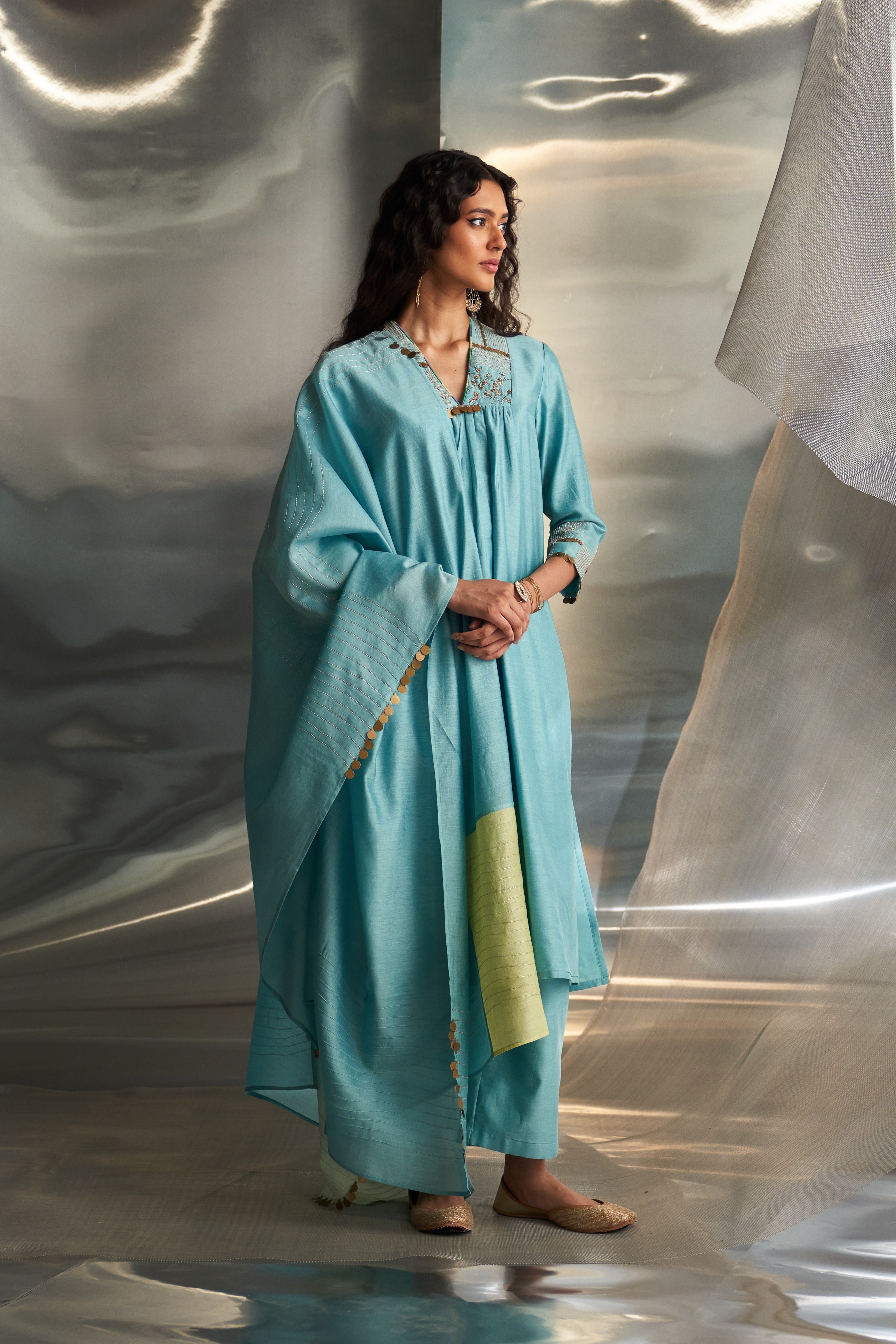 CY Charkhee Powder Blue V-Neck Kurta Set Front 2