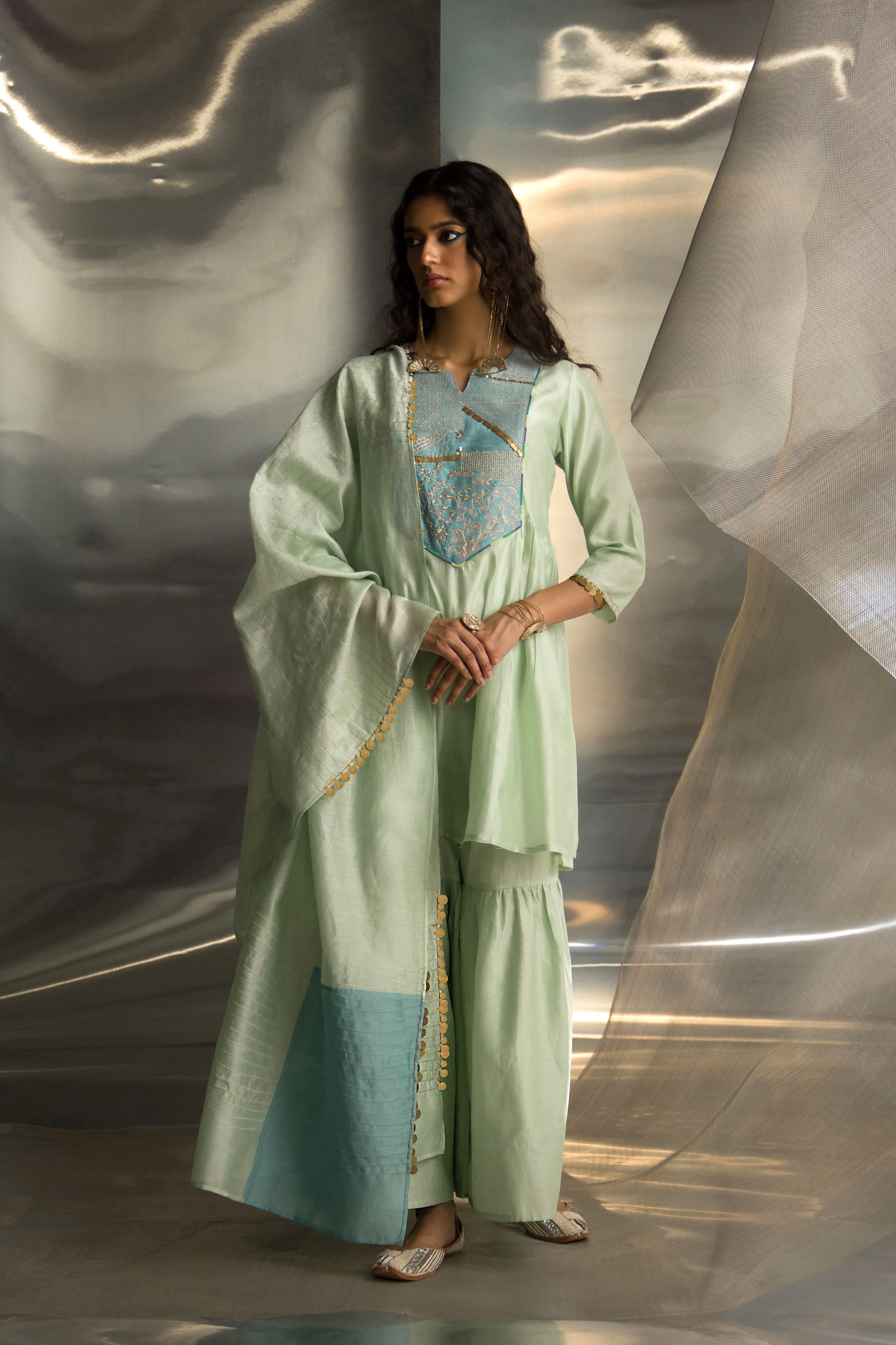 CY Charkhee Mint Green Sharara Set Front 1