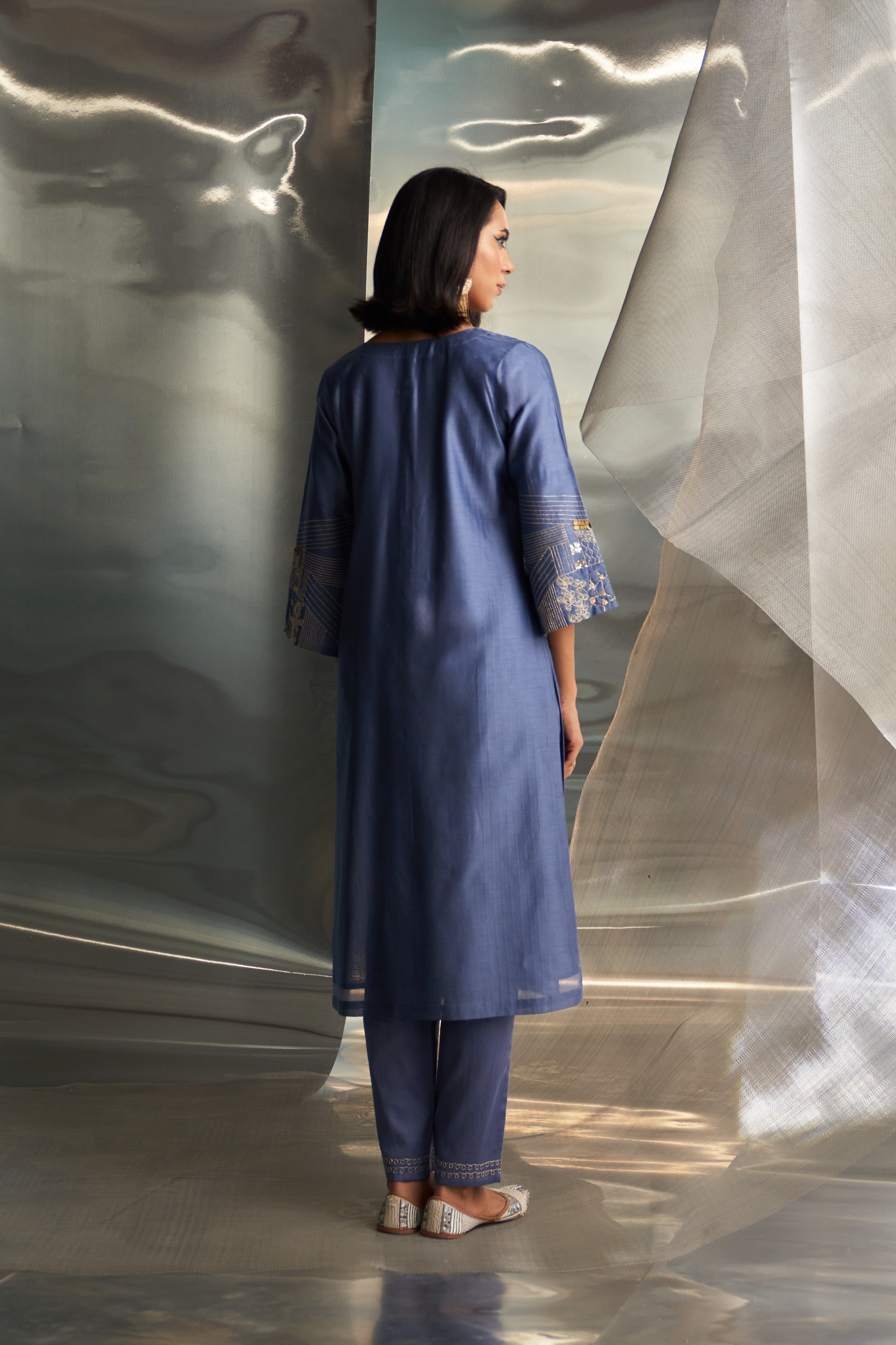 CY Charkhee Berry Blue Flared Sleeve Kurta Set Back 1