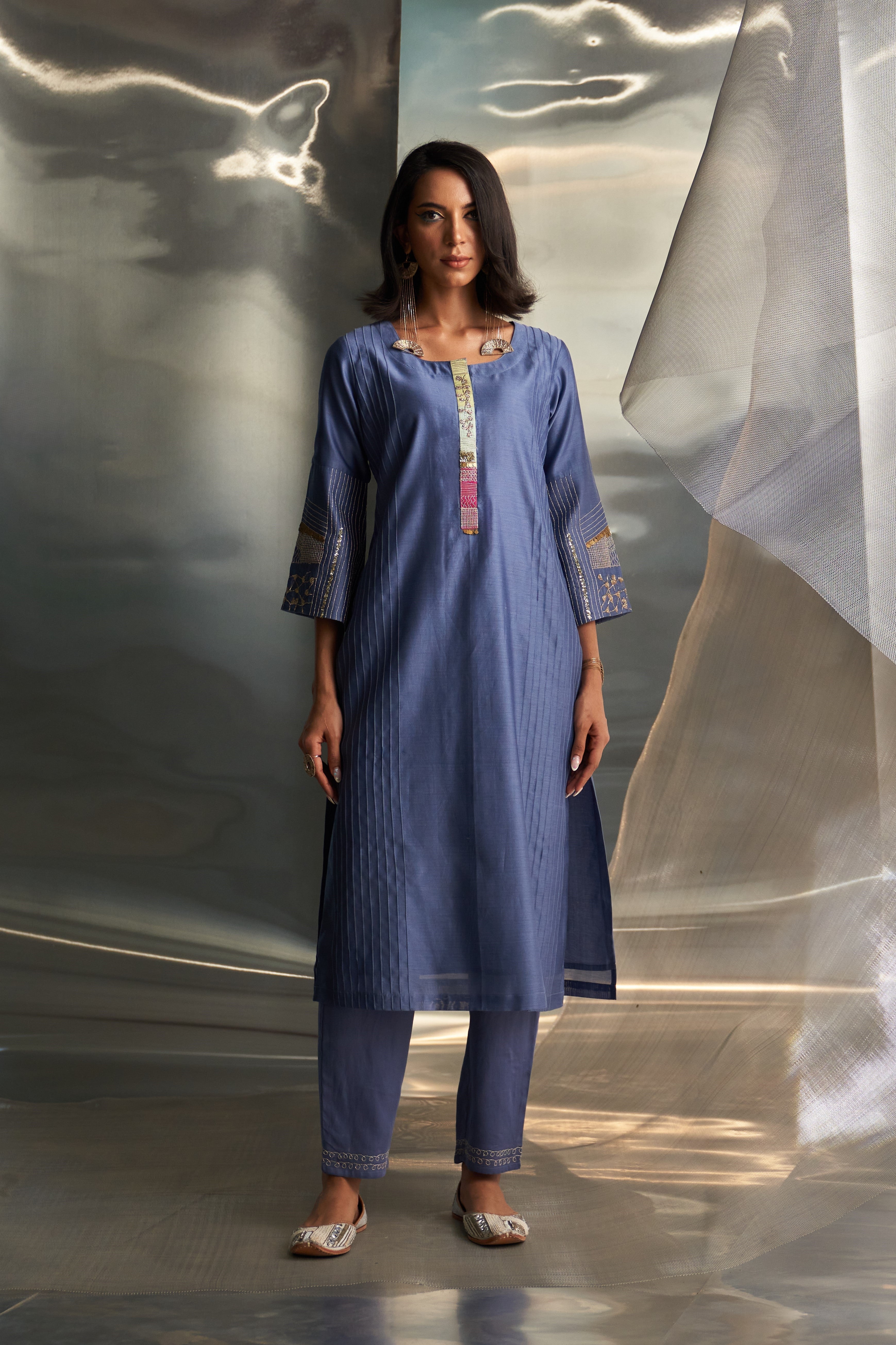 CY Charkhee Berry Blue Flared Sleeve Kurta Set Front 1