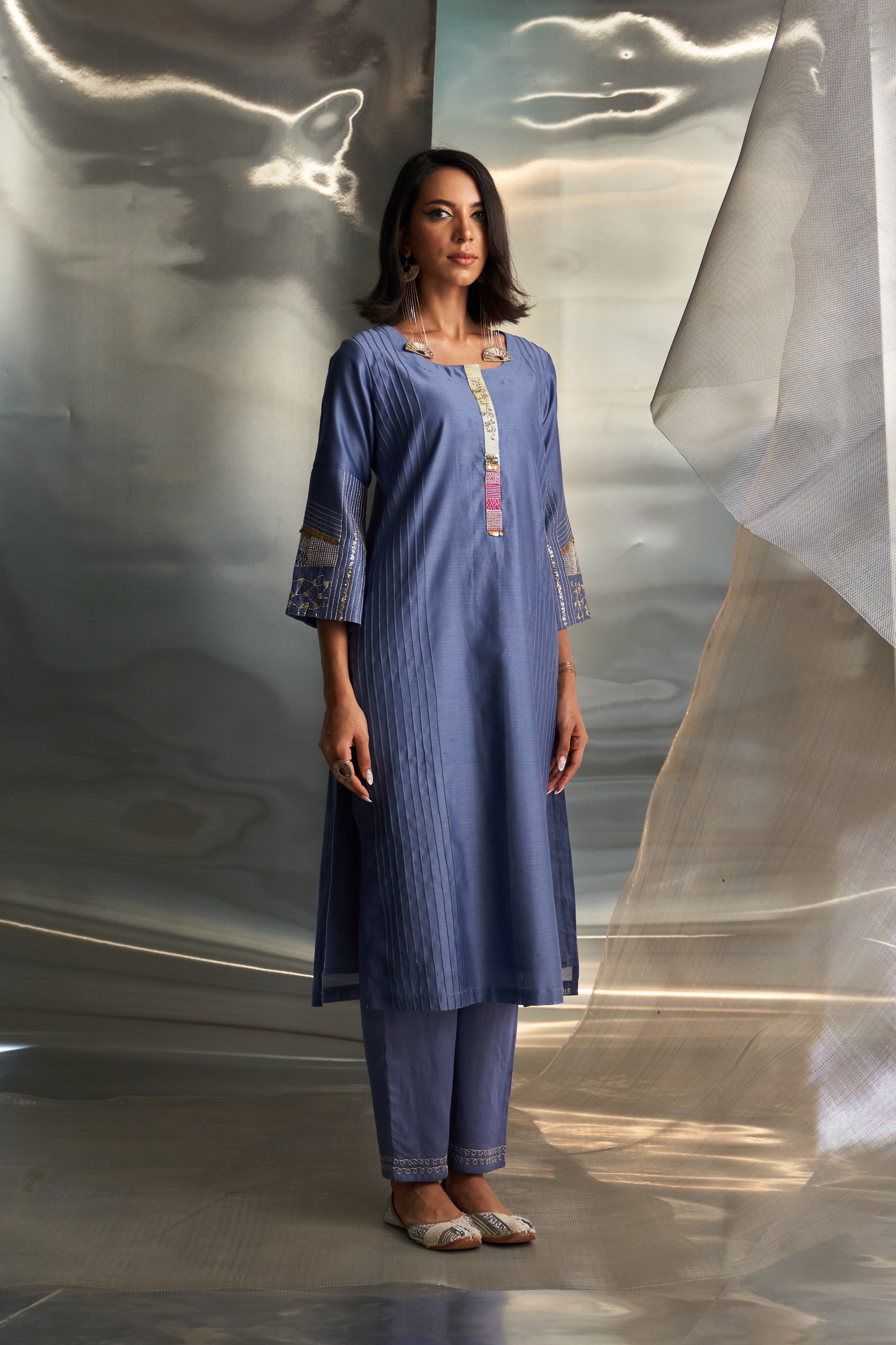 CY Charkhee Berry Blue Flared Sleeve Kurta Set Side 1