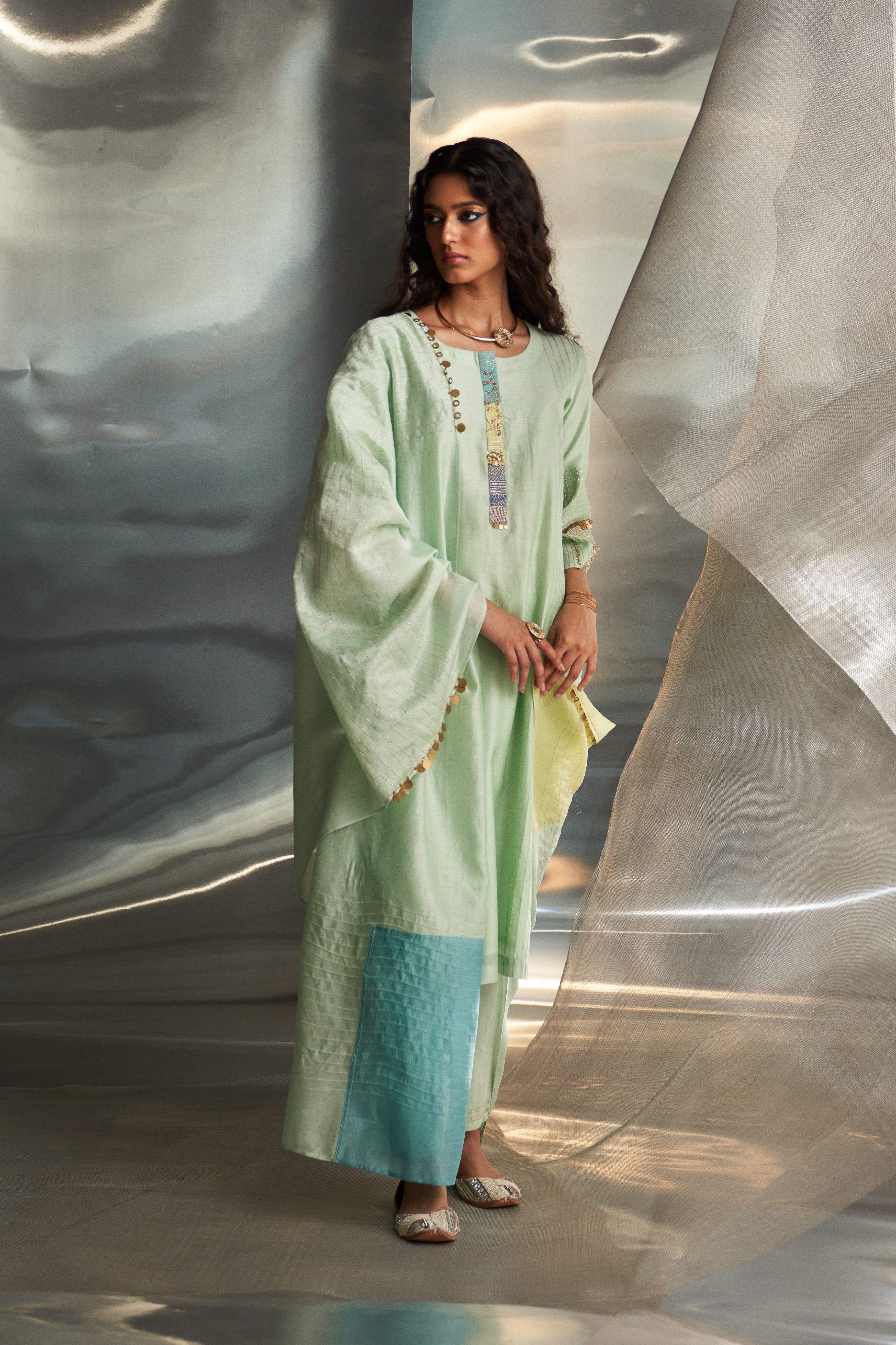 CY Charkhee Mint Green Flared Sleeve Kurta Set Side 2