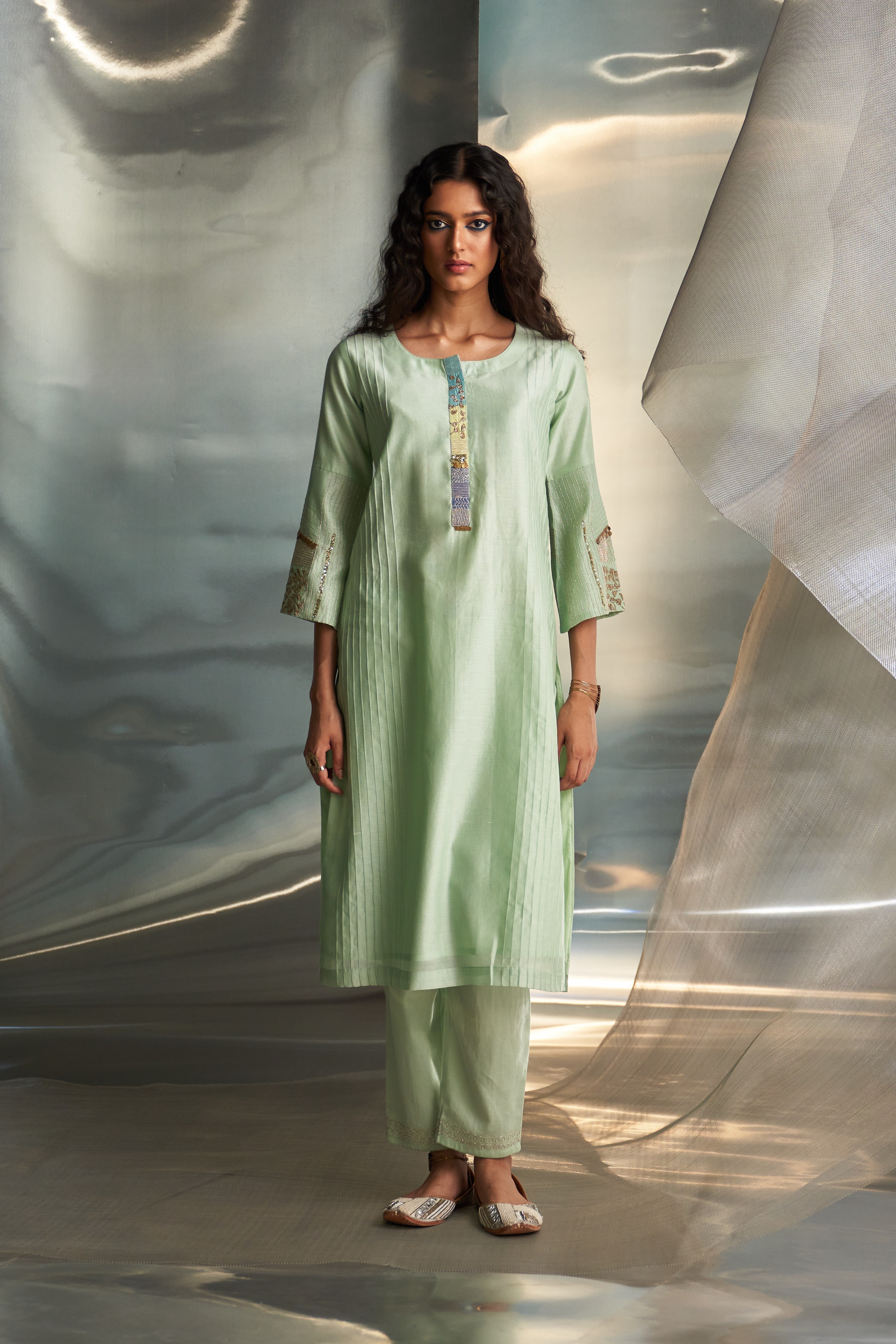 CY Charkhee Mint Green Flared Sleeve Kurta Set Front 1