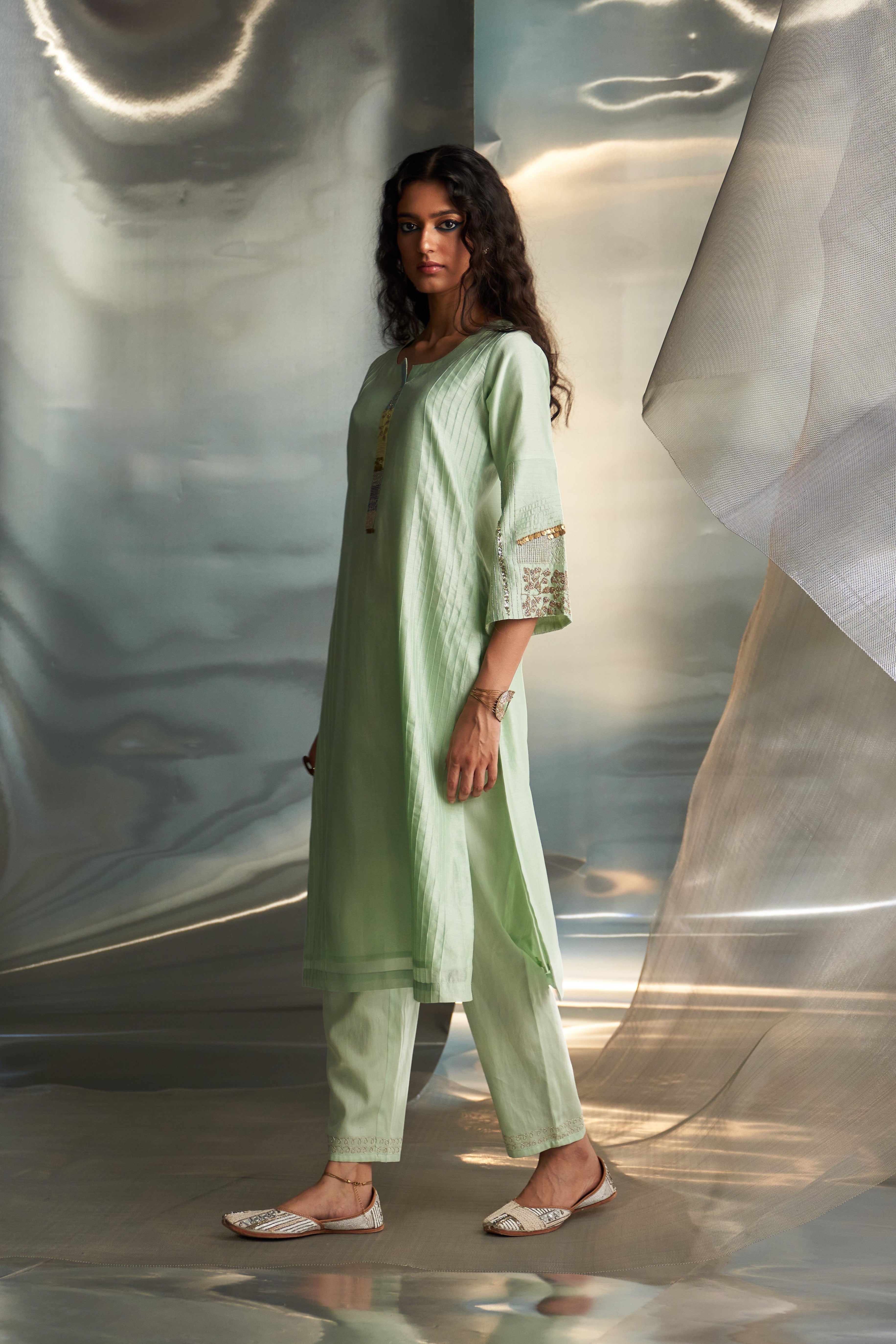 CY Charkhee Mint Green Flared Sleeve Kurta Set Side 1