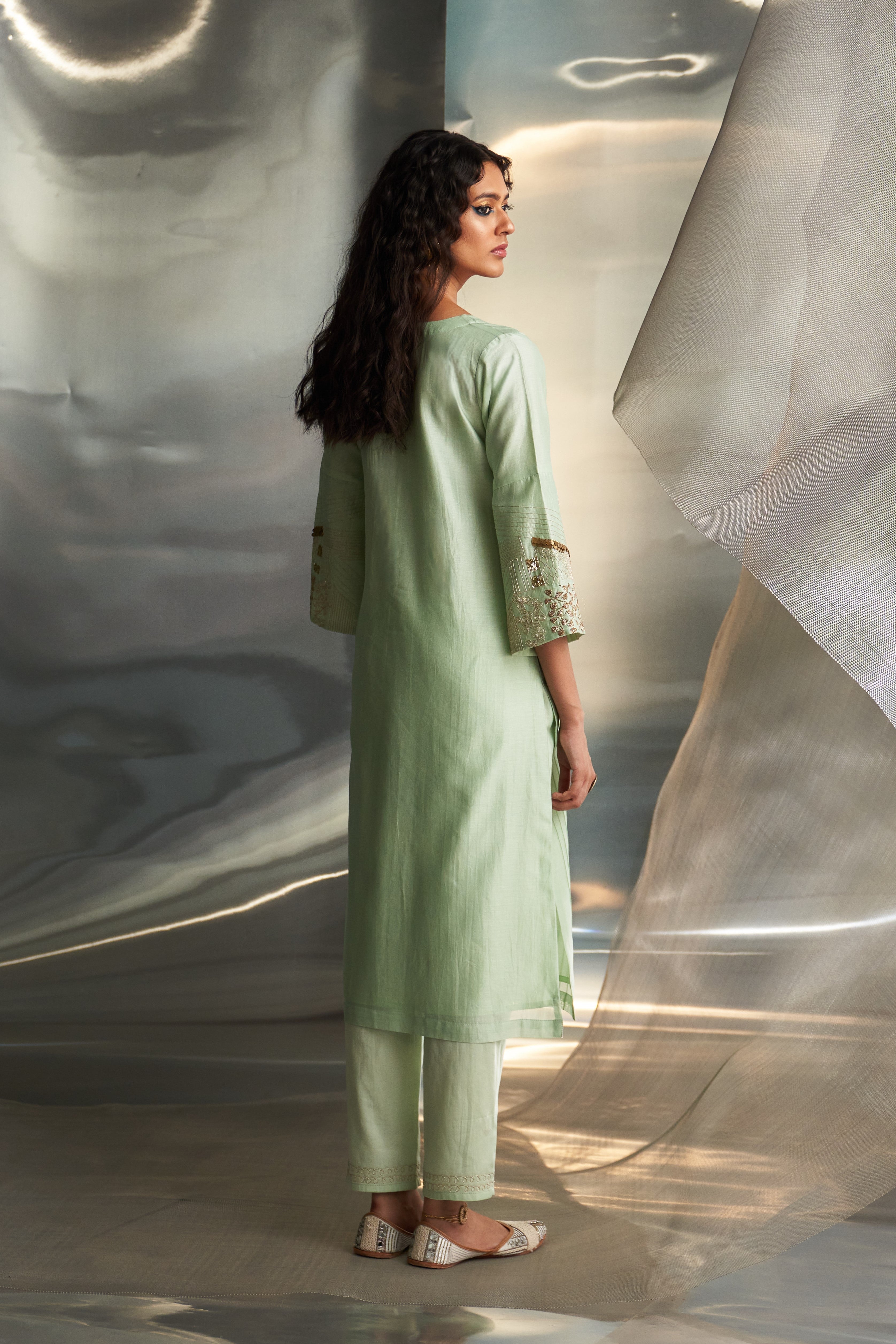 CY Charkhee Mint Green Flared Sleeve Kurta Set Back 1