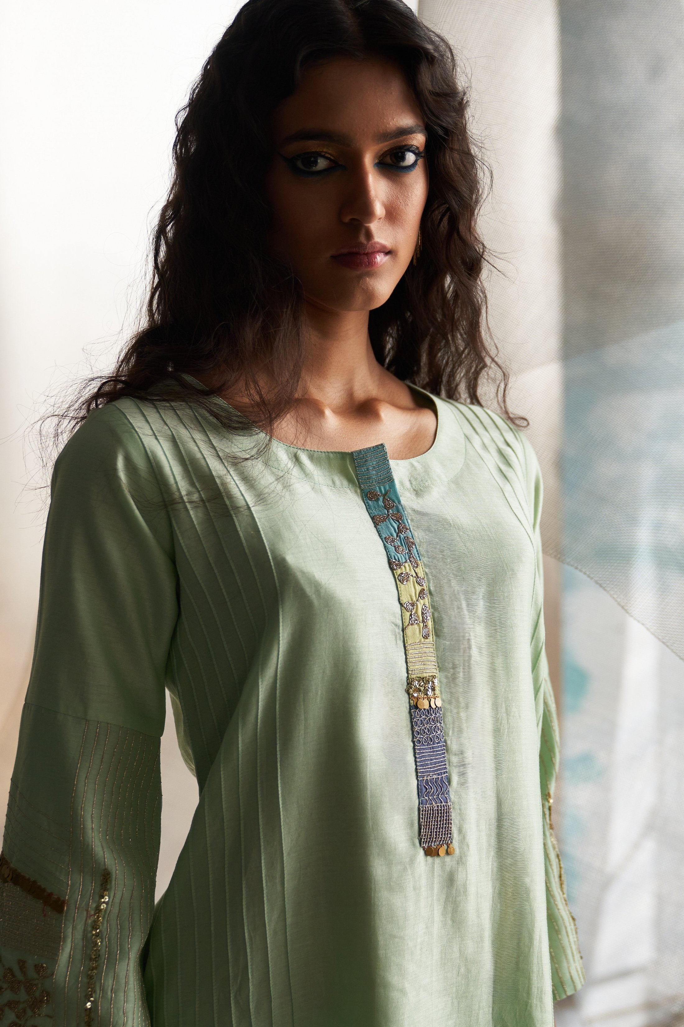 CY Charkhee Mint Green Flared Sleeve Kurta Set Closeup 2