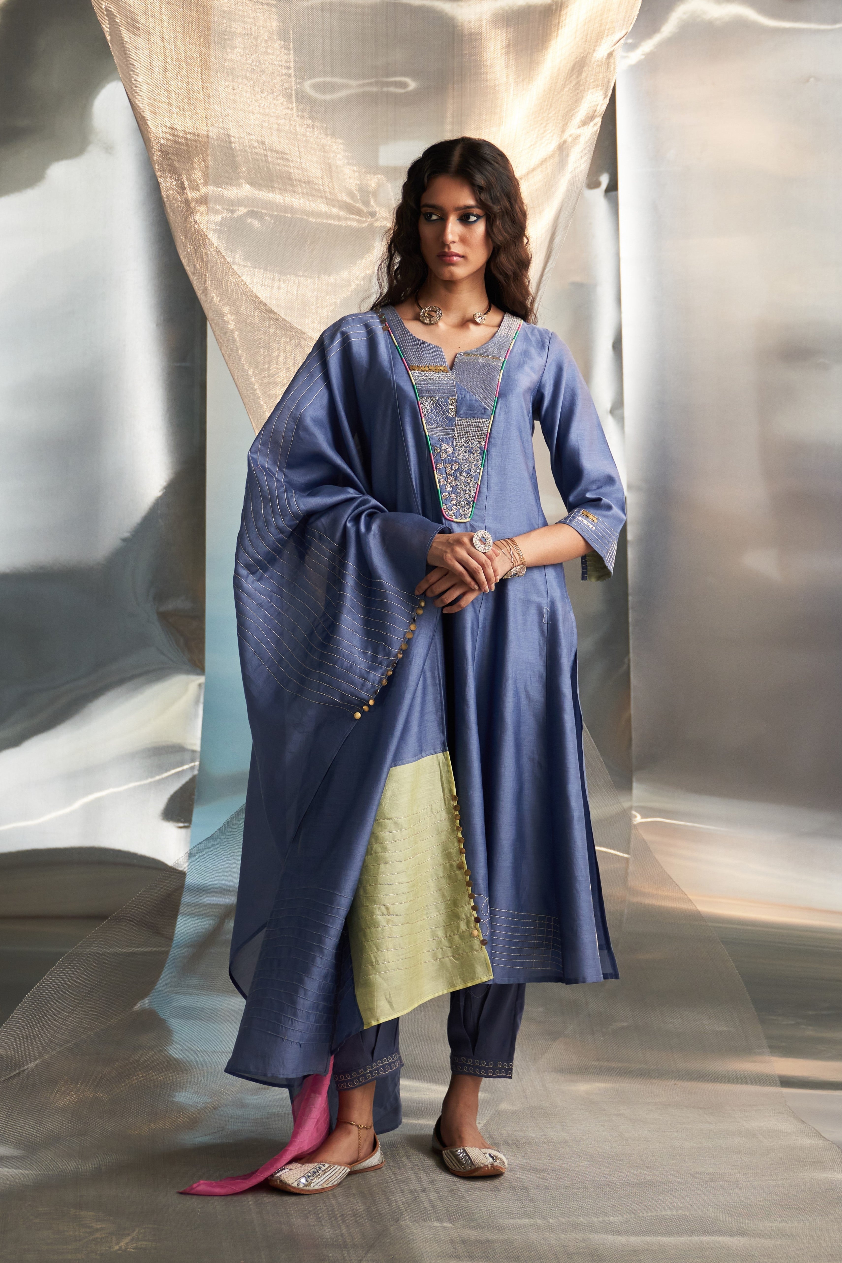 CY Charkhee Berry Blue Chanderi Flared Kurta Set Front 1