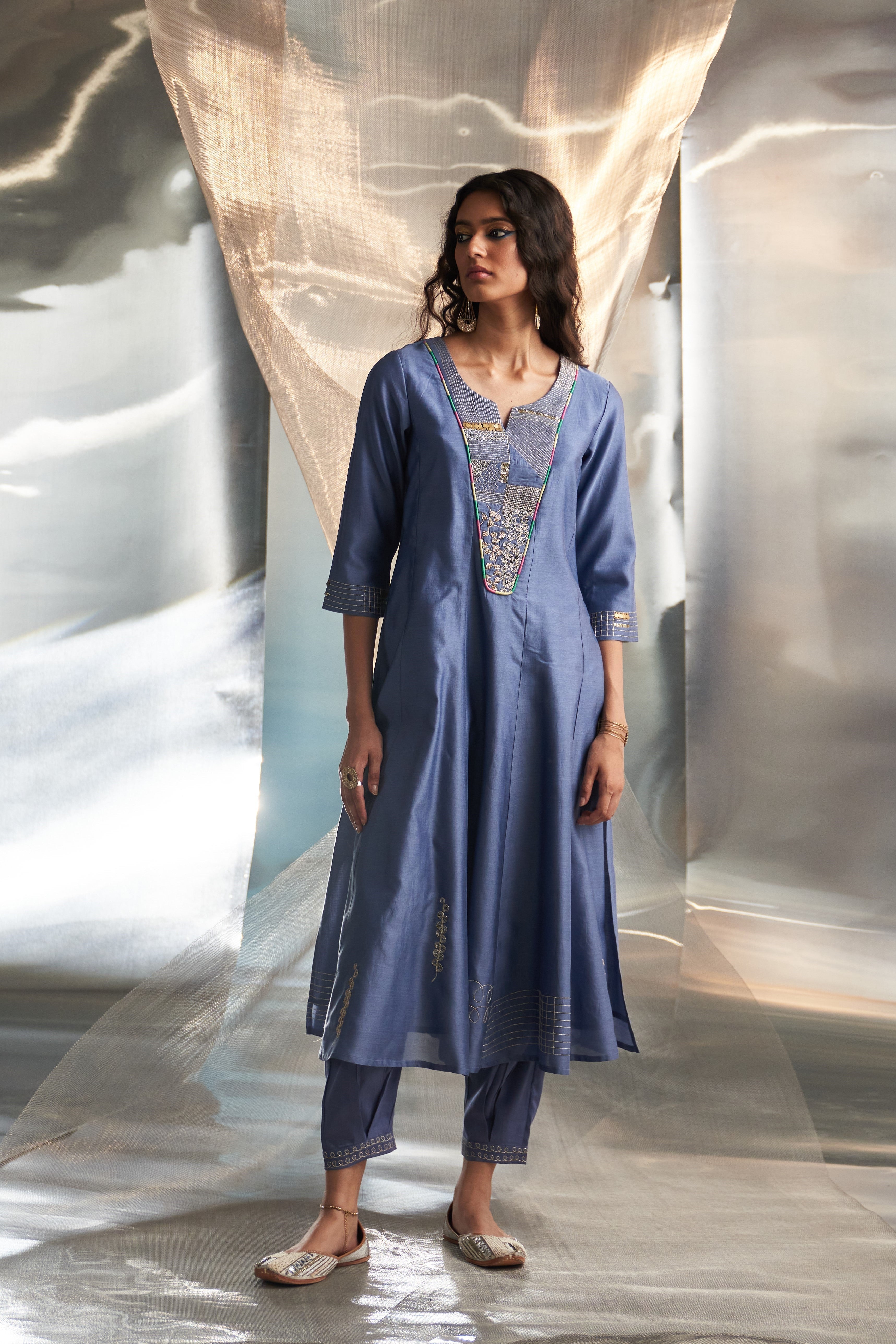 CY Charkhee Berry Blue Chanderi Flared Kurta Set Front 2