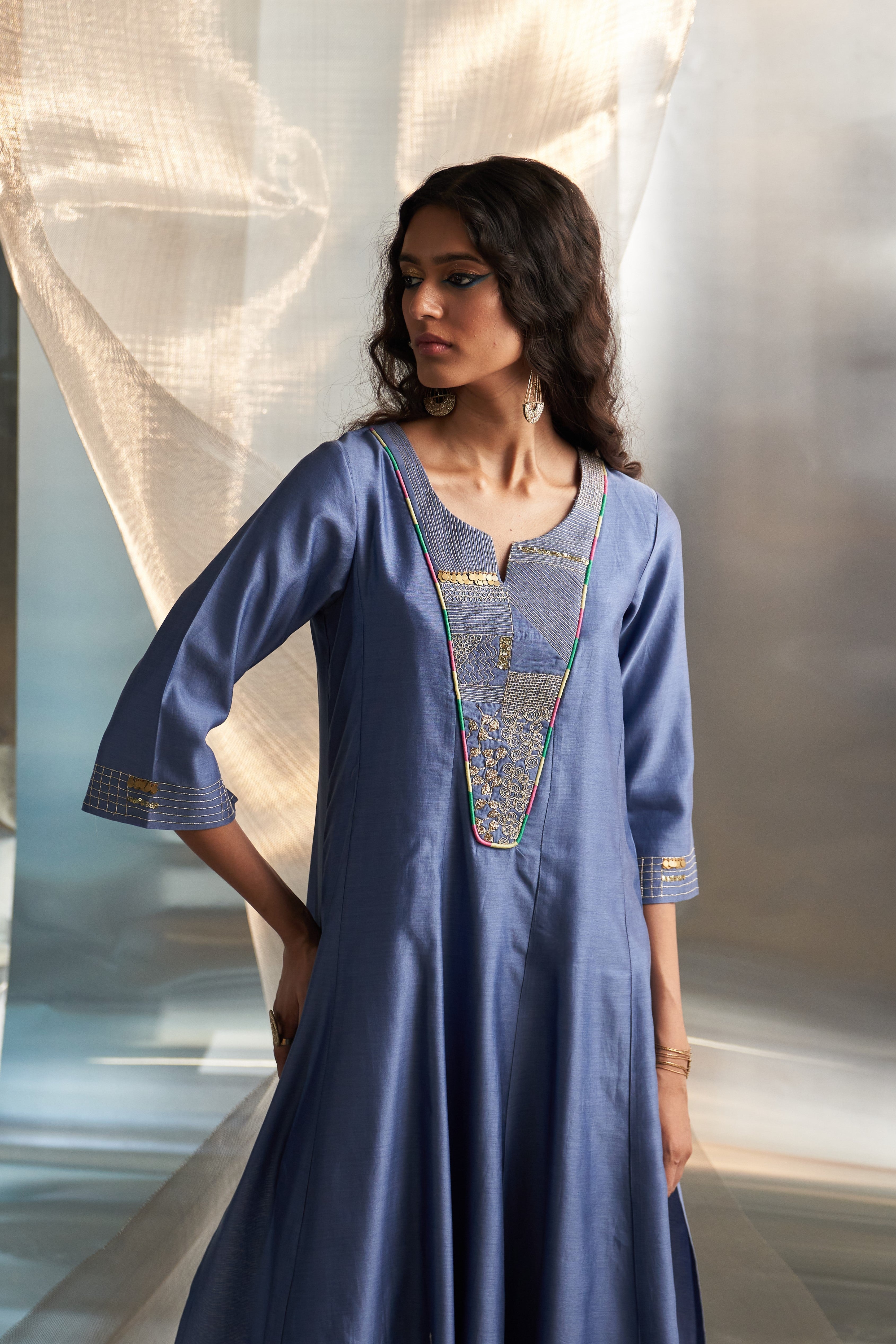 CY Charkhee Berry Blue Chanderi Flared Kurta Set Closeup 2