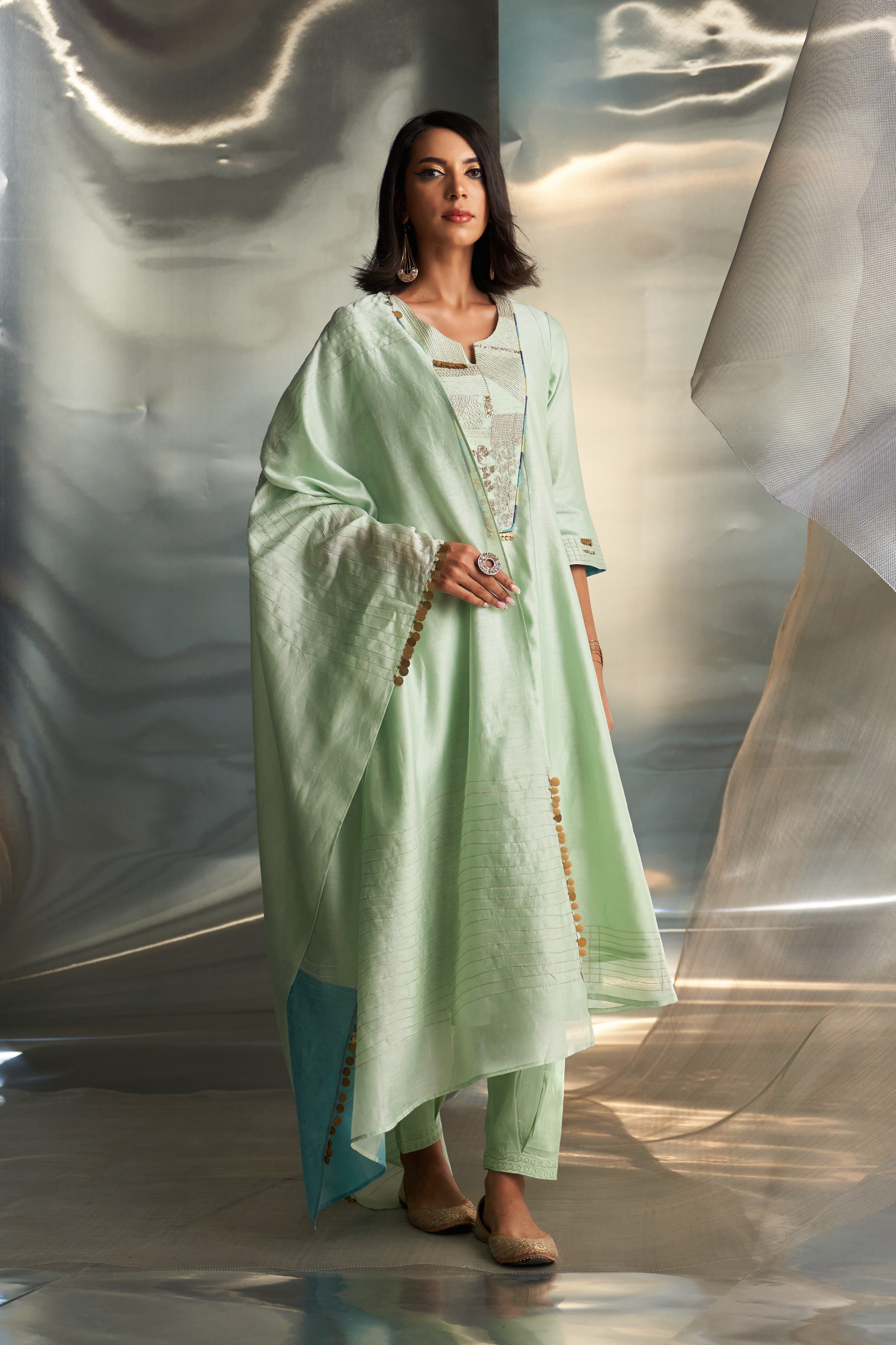 CY Charkhee Mint Green Chanderi Flared Kurta Set Front 2