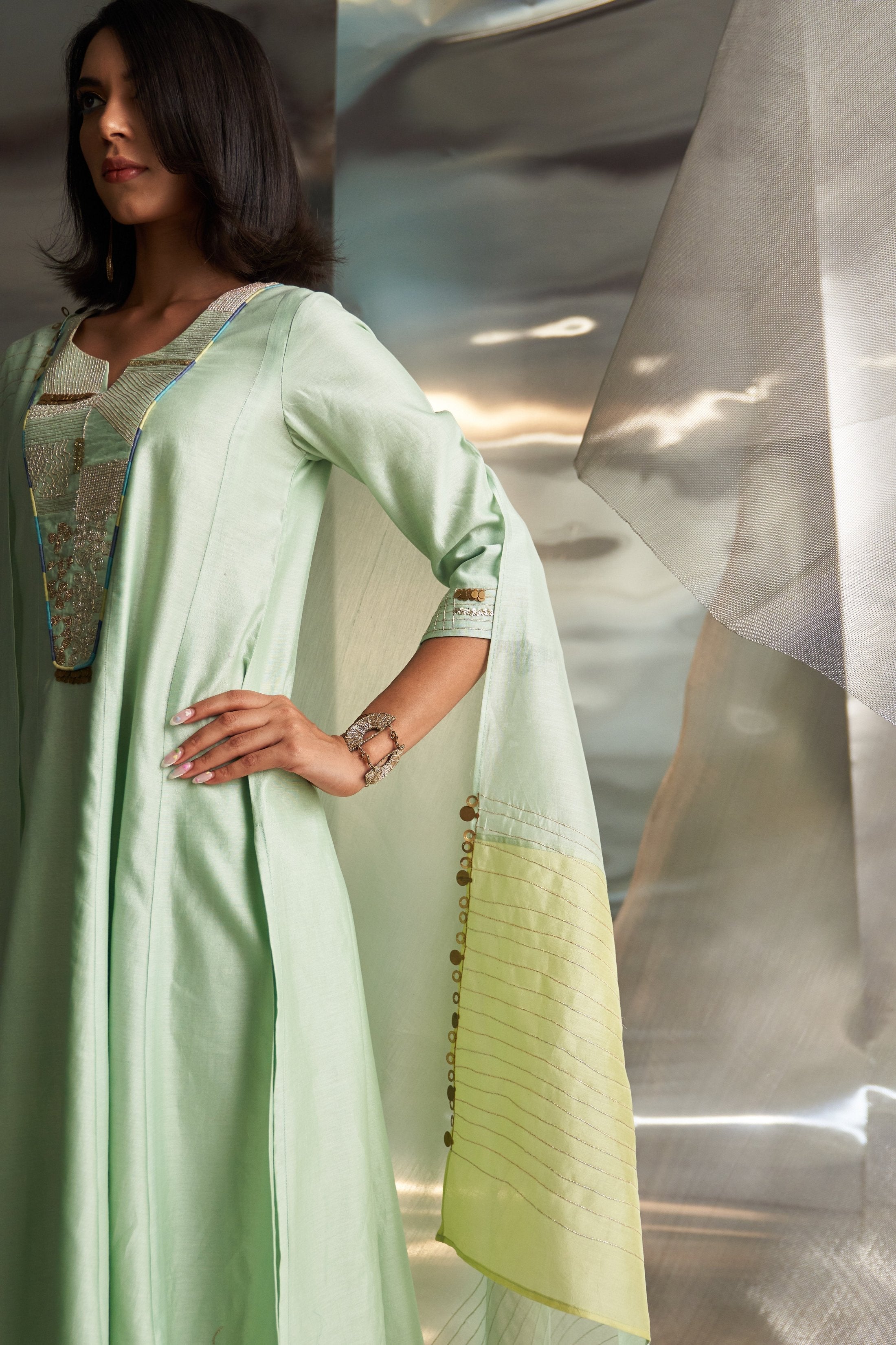 CY Charkhee Mint Green Chanderi Flared Kurta Set Closeup 2